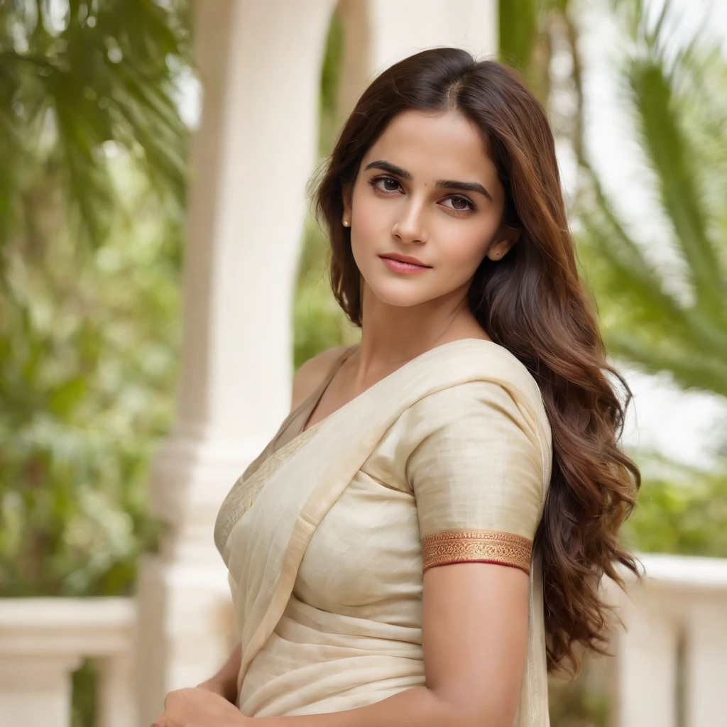 (best quality,4k,highres,masterpiece:1.2), ultra-detailed, (realistic,photorealistic,photo-realistic:1.37), Emma Watson in Kerala White Cotton Saree, with shyness smooth light extra detailed face, half body portrait, slim figure, Kerala style look, extra detailed eyes, beautiful detailed lips, glossy black long hair, delicate facial features, graceful and elegant pose, vibrant colors, soft, warm lighting, scenic background with lush greenery, palm trees, and traditional Kerala architecture.