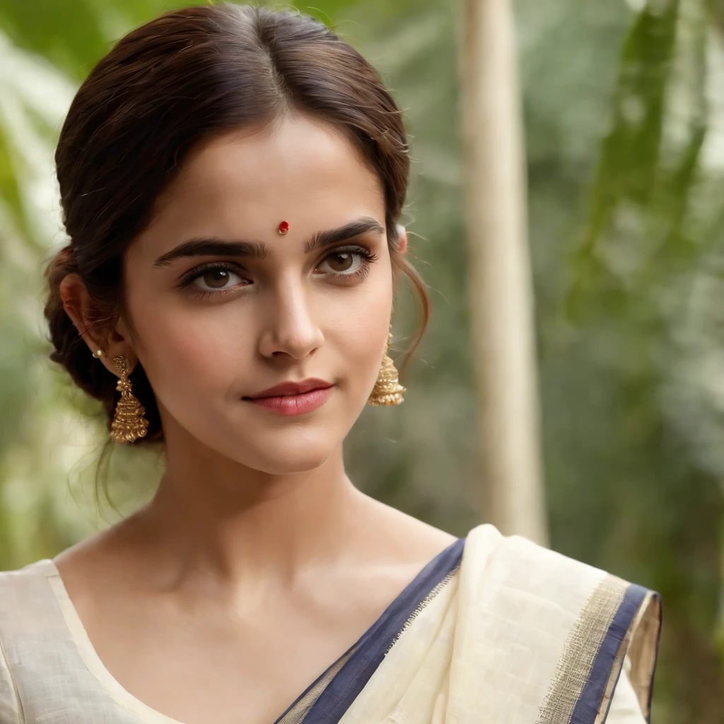 (best quality,4k,highres,masterpiece:1.2), ultra-detailed, (realistic,photorealistic,photo-realistic:1.37), Emma Watson in Kerala White Cotton Saree, with shyness smooth light extra detailed face, half body portrait, slim figure, Kerala style look, extra detailed eyes, beautiful detailed lips, glossy black long hair, delicate facial features, graceful and elegant pose, vibrant colors, soft, warm lighting, scenic background with lush greenery, palm trees, and traditional Kerala architecture.