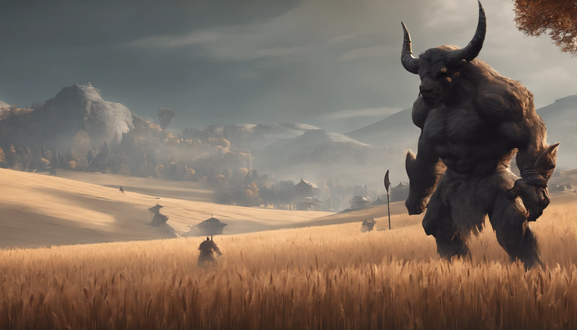 There is a ruins in the distance,A large group of pitch black(Minotaur monster:1.5)The enemy stands on a wheat field,Medieval landscape,Fantastical,4K,best qualtiy,primitive,((Ultra-detailed and high-precision details)),Power Hero & Magic 3,Fantastical,The background is the plain,path,grass field,the trees,wheat field,snow mountains,The scene is impressive,((Full body photo))