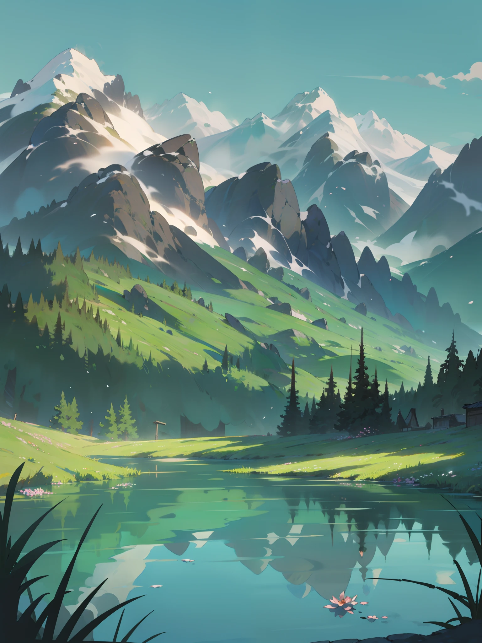 Towering snow-capped mountains, turquoise lake, (forest), flowers, trees, grass, bamboo, spring, sunny, strong sunlight, chiaroscuro, cliffs, panoramao, 8K, high quality