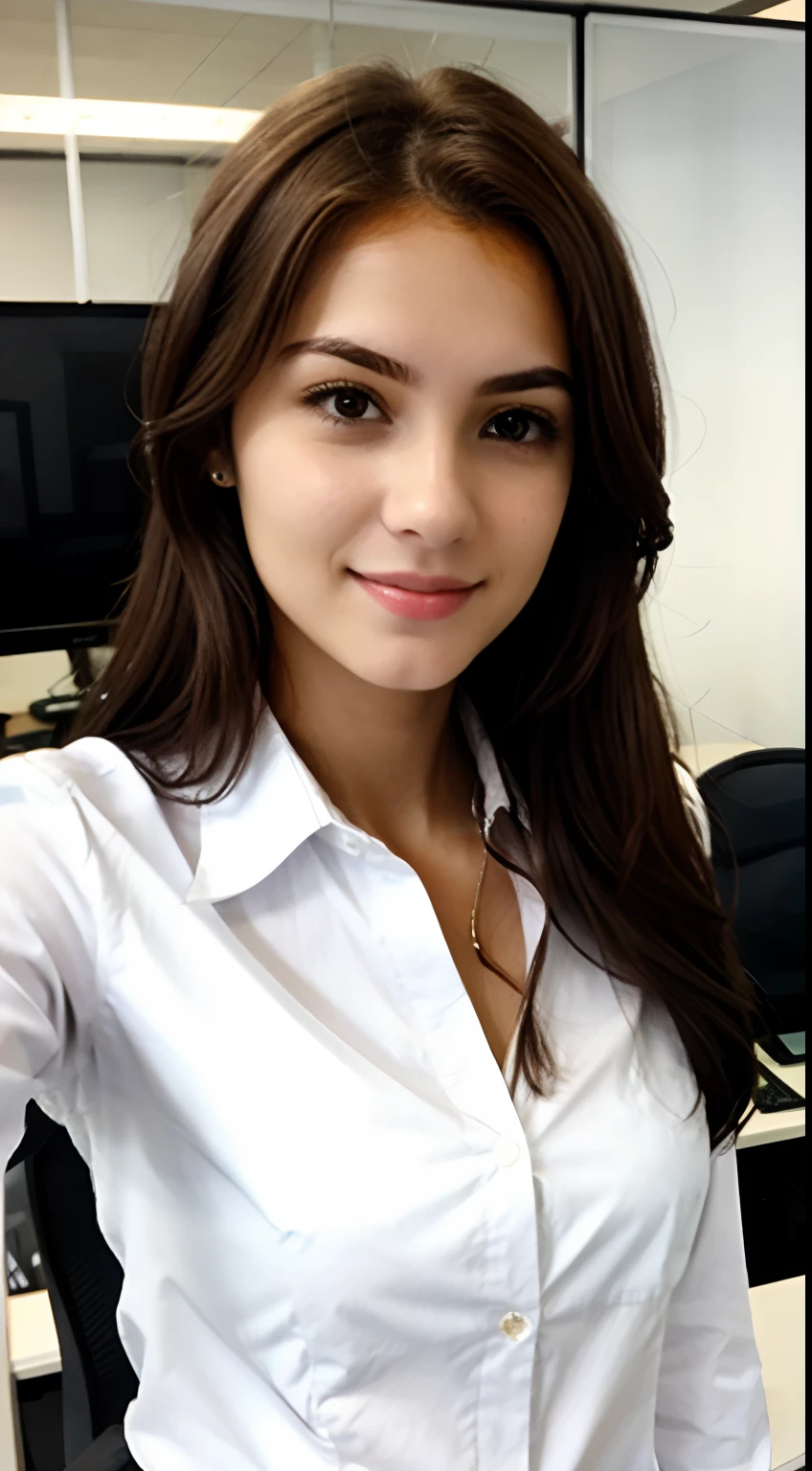 Brown-haired girl in office working selfi wearing white shirt