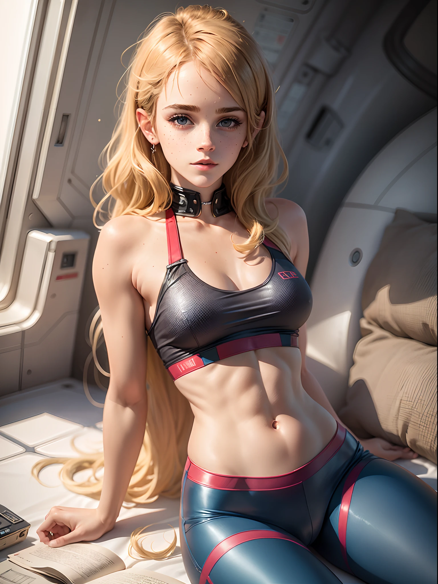 emma watson dressed in a plugsuit of evangelion blonde. freckles. sparkly blue eyes that speak of innocence and acceptance. Slender frame and beautiful figure. tight red pants. crop top. reading while lying outside a spaceship. ripped clothes exposing muscle. sci-fi.