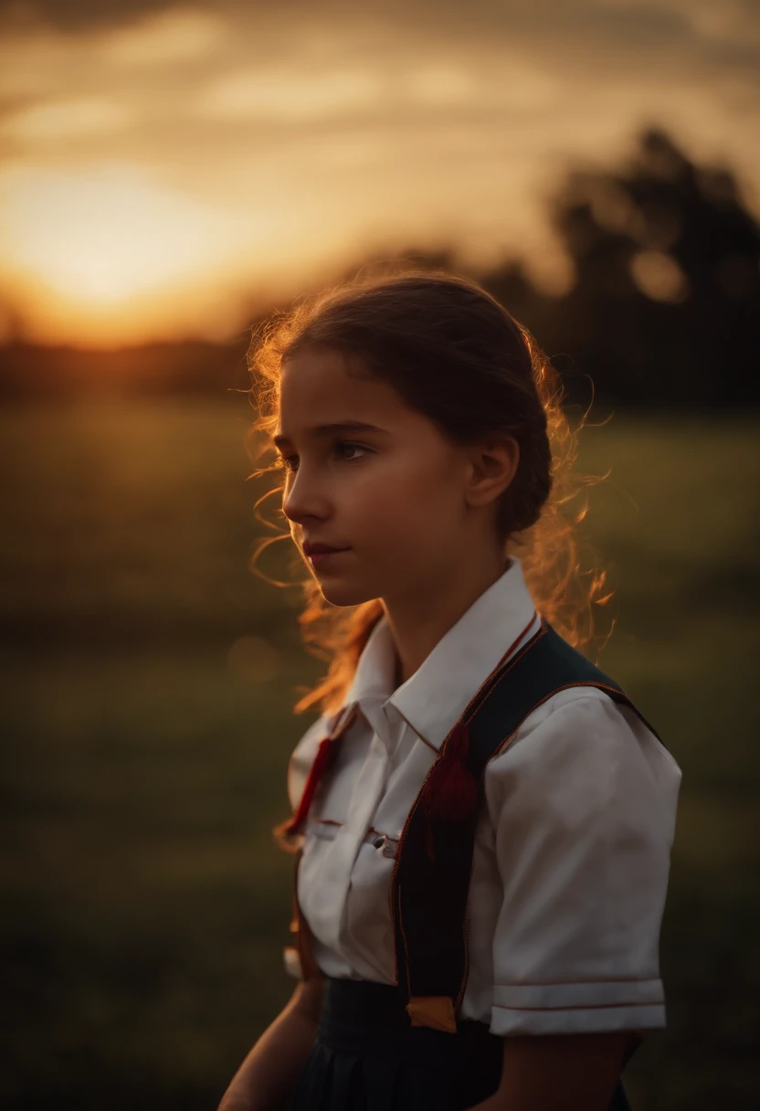 evening glow Mare the setting sun sink girl wearing school uniform Crying face cute little A dark-haired