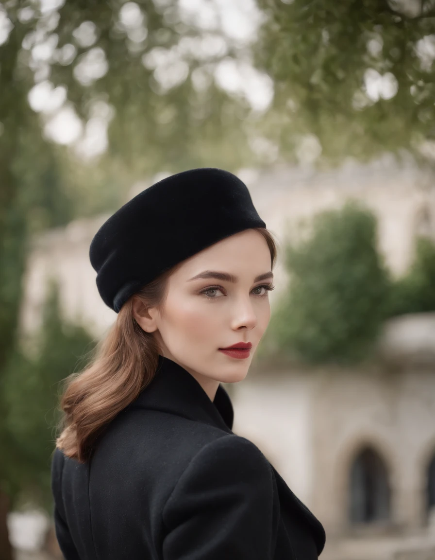 a model wears a black coat and a white hat,beautiful face, in the style of 32k uhd, rococo elegance, vintage-inspired designs, bold curves, ferrania p30, limited color range, magazine cover,upper body 会