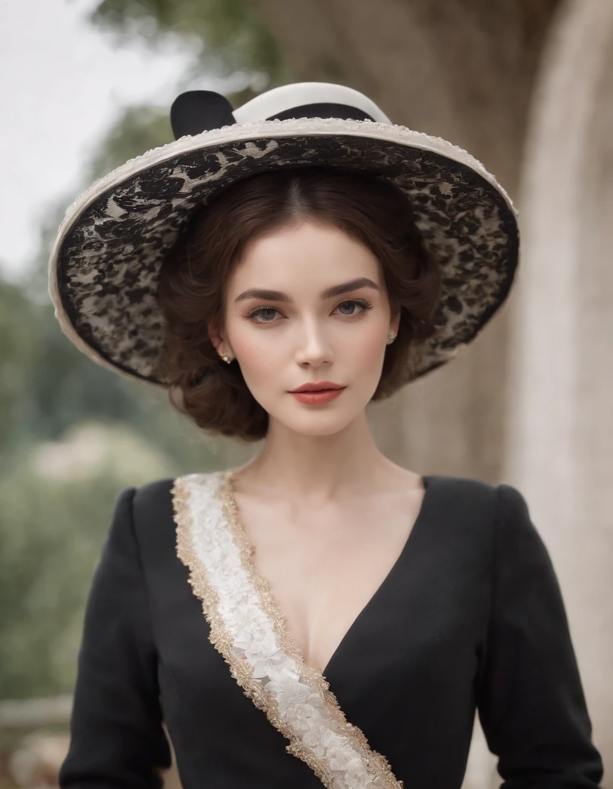 a model wears a black coat and a white hat,beautiful face, in the style of 32k uhd, rococo elegance, vintage-inspired designs, bold curves, ferrania p30, limited color range, magazine cover,upper body 会