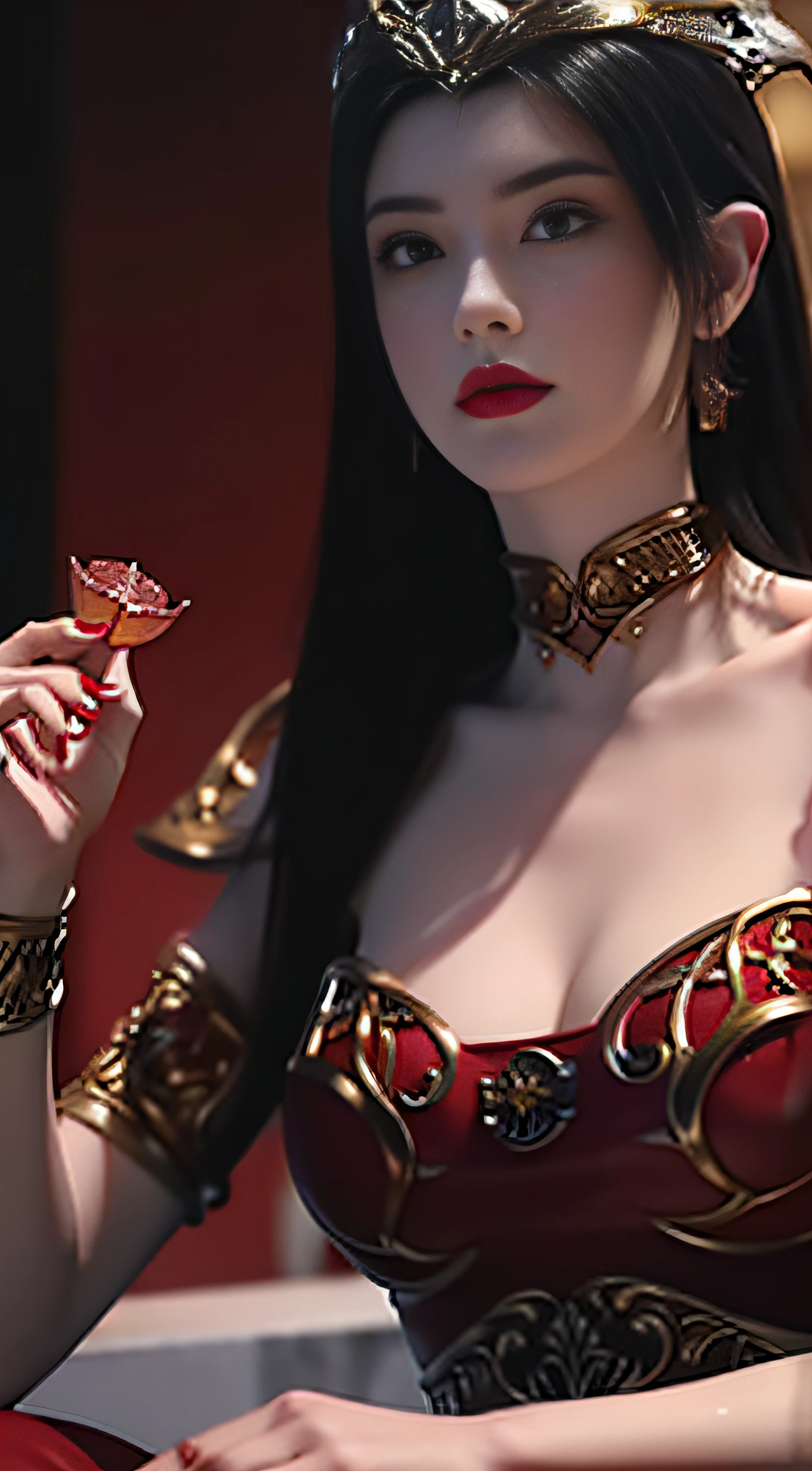 masterpiece，A high resolution,Absolutely beautiful，a mature female，Fine and detailed eyes and detailed face，1 beautiful snake goddess, close-up of a woman in red dress, holding an ice lotus in her hand, beautiful fantasy queen, true goddess, inspired by Du Quynh, honest woman attractive beauty, Apply blood-red lipstick to your lips, big and round breasts, sharp eyeliner colored eyes, ornate bikini armor, beautiful warrior woman, aesthetics, aesthetic red painted nails, goddess, woman in red armor, wearing red shoes, beautiful fantasy queen, beautiful rendering of the Tang dynasty, upper body,