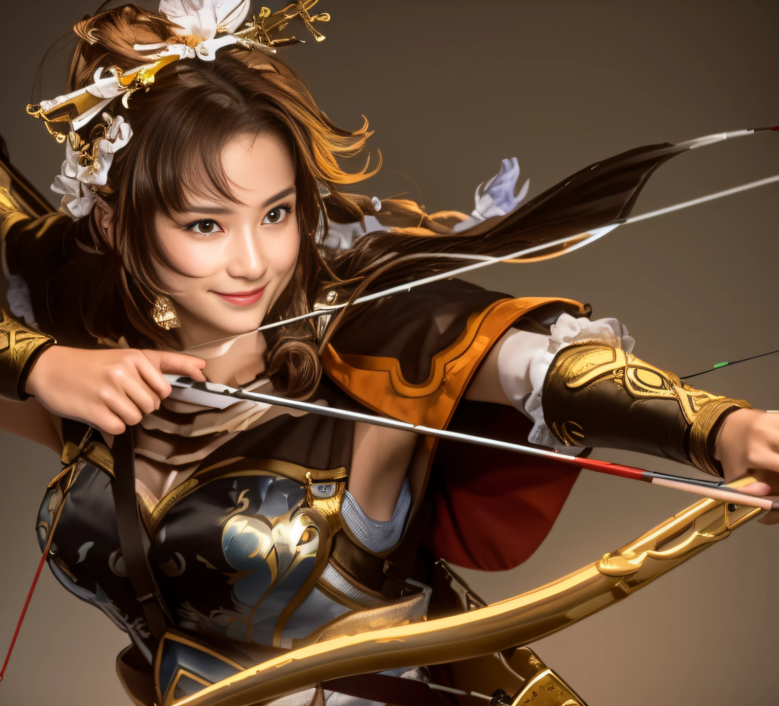 Close up portrait of smiling woman holding bow and arrow