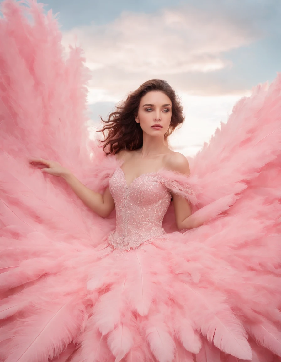 Beautiful girl in pink dress on pink background, style made of feathers, futuristic victorian era, collage style layering, focus stacking, layered form, textured fabric, oversized object, in the clouds, time magazine photography,(upper body)