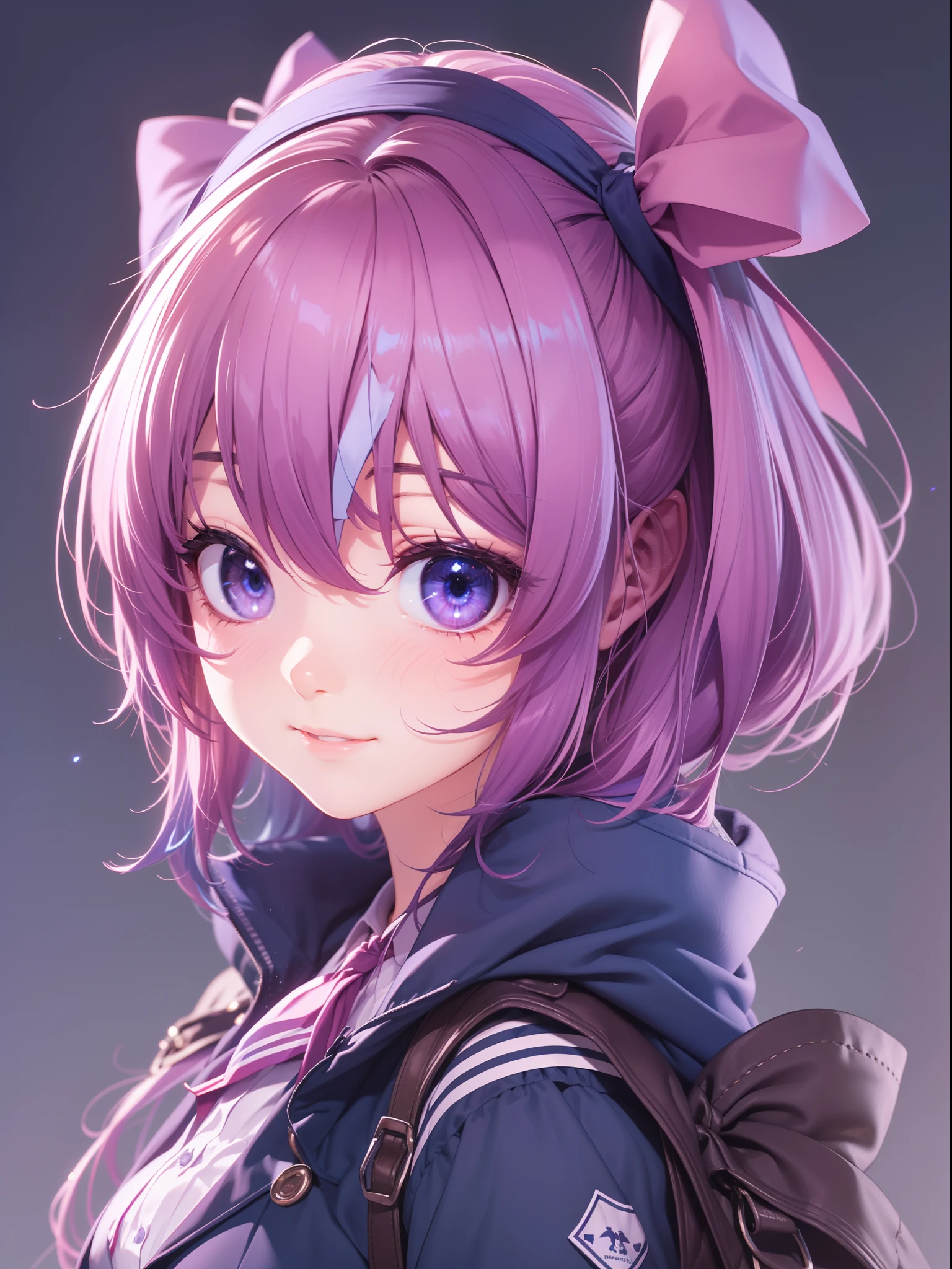 Anime girl with purple hair and purple eyes isolated on black background,3D images、Over all、 A smile、Pink hair、best anime 4k konachan wallpaper,The purple color of the hair in the video game Azure Lane, Anime girl with purple hair and purple eyes,3D images、Highly detailed CG Unity 8k wallpaper, [3D images:1.15],Attractive eyes、[[A detailed eye、Colorful eyes、radiant eyes:1.15]], poneyTail, Blazer, Blue jacket, Blue Ribbon, Blue skirt, buttoning, Collared shirt, Jacket, Long sleeves, Neck ribbon, Pleated skirt, bow ribbon, School uniform, Shirt, Skirt, White shirt, winter uniform、small tits,