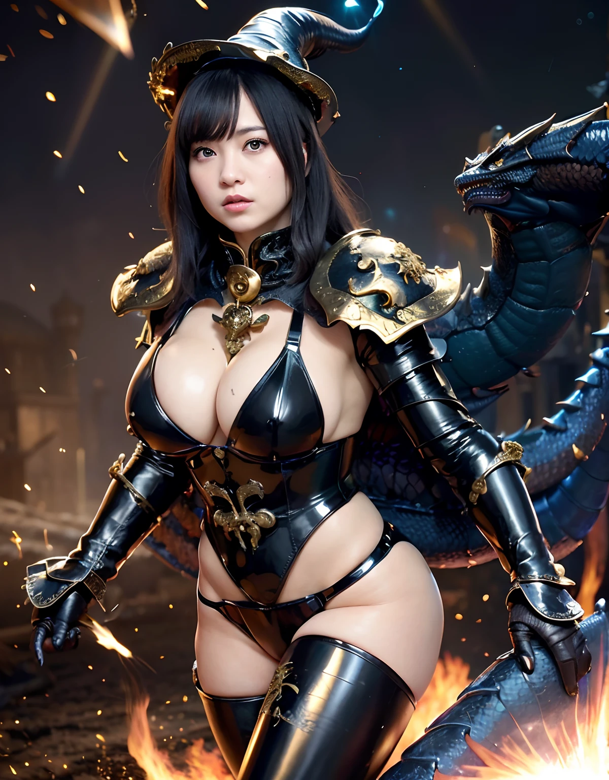 ((World of Darkness)),Professional , masterpiece、top-quality、photos realistic , depth of fields 、(((Fight dragons))),(Dragon Black Metal Body:1.9),(latex black-blue、(cleavage of the breast),(Fight dragons)、、(((Particles of light))),(Micro Bikini Armor:1.7),Gorgeous gold weapons ,(Fight dragons)、Seductive look、The face of the dragon is out、(blood splattere、Armpit、((((With a magic wand))), ) , (((Wearing a black latex wizard hat))),(demonic wings) ,((a blond))、(Castle background)、((Gangle's forest background))、Beautiful Caucasian beauty、1a person、Armpit、dynamic ungle,(((Detailed and ornate dragon wizard hat)))、Smaller head、A smile、Castle background、Thin and beautiful female hands、cleavage of the breast、Soldier in iron armor on background、Mystical expression、Light Effects、intense fighting、Wind-effect、magic circles、With the legendary magic wand、Dragon's tail、explosions、Toostock、Toostock、(Beautuful Women),