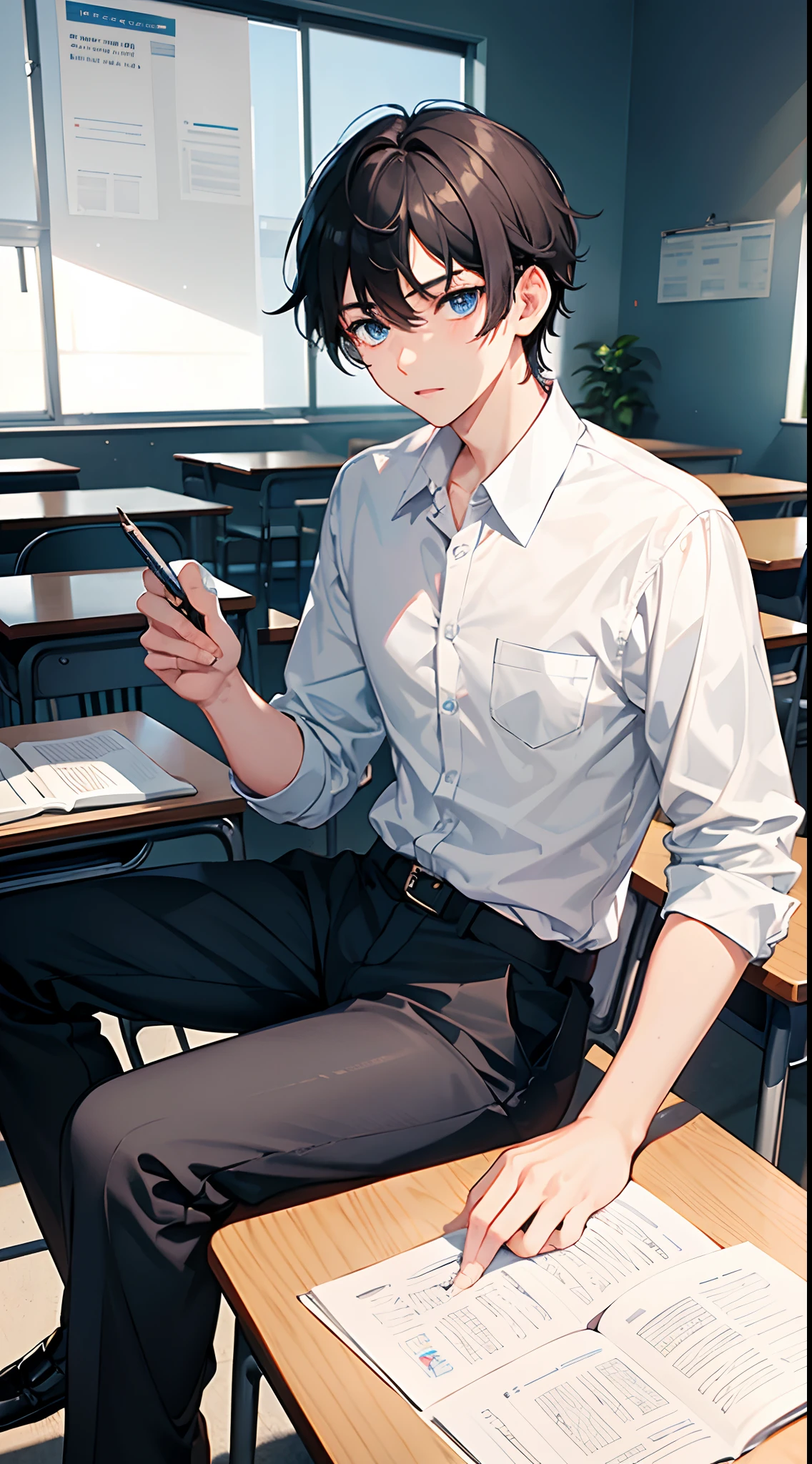 1 boy 19 years old, blue eyes, black hair, white school shirt, black khaki pants, neat clothes, tuck in shirt, sit in the chair, school supplies, books, pens, erasers, pencils, class board, classroom, classroom door, from side, upper body, detailed furniture, extremely detailed, best graphics, 8k, ultrasharp, masterpiece