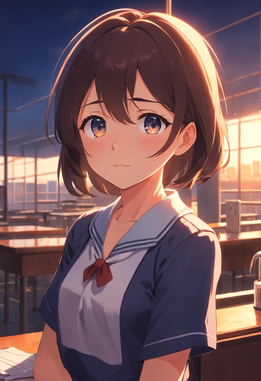 evening glow　Mare　the setting sun　sink　girl wearing school uniform　Crying face　cute little　A dark-haired