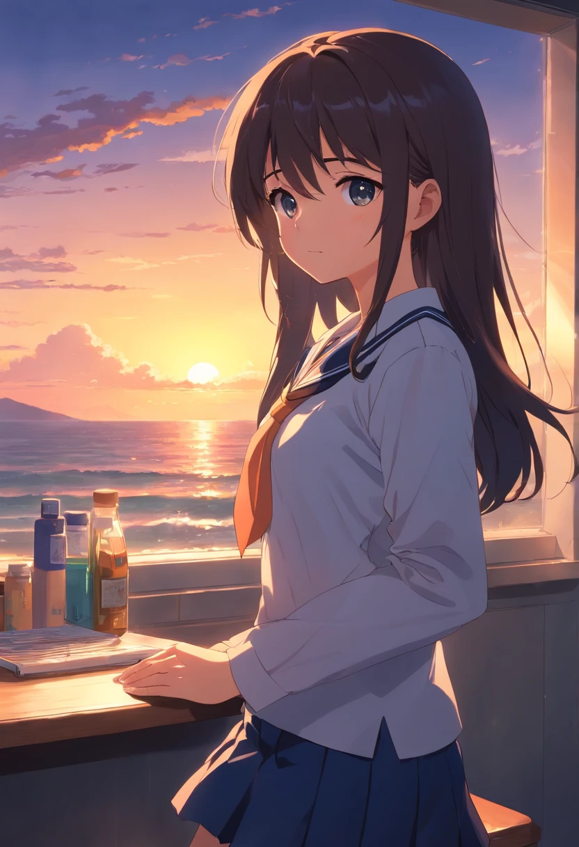 evening glow　Mare　the setting sun　sink　girl wearing school uniform　Crying face　cute little　A dark-haired