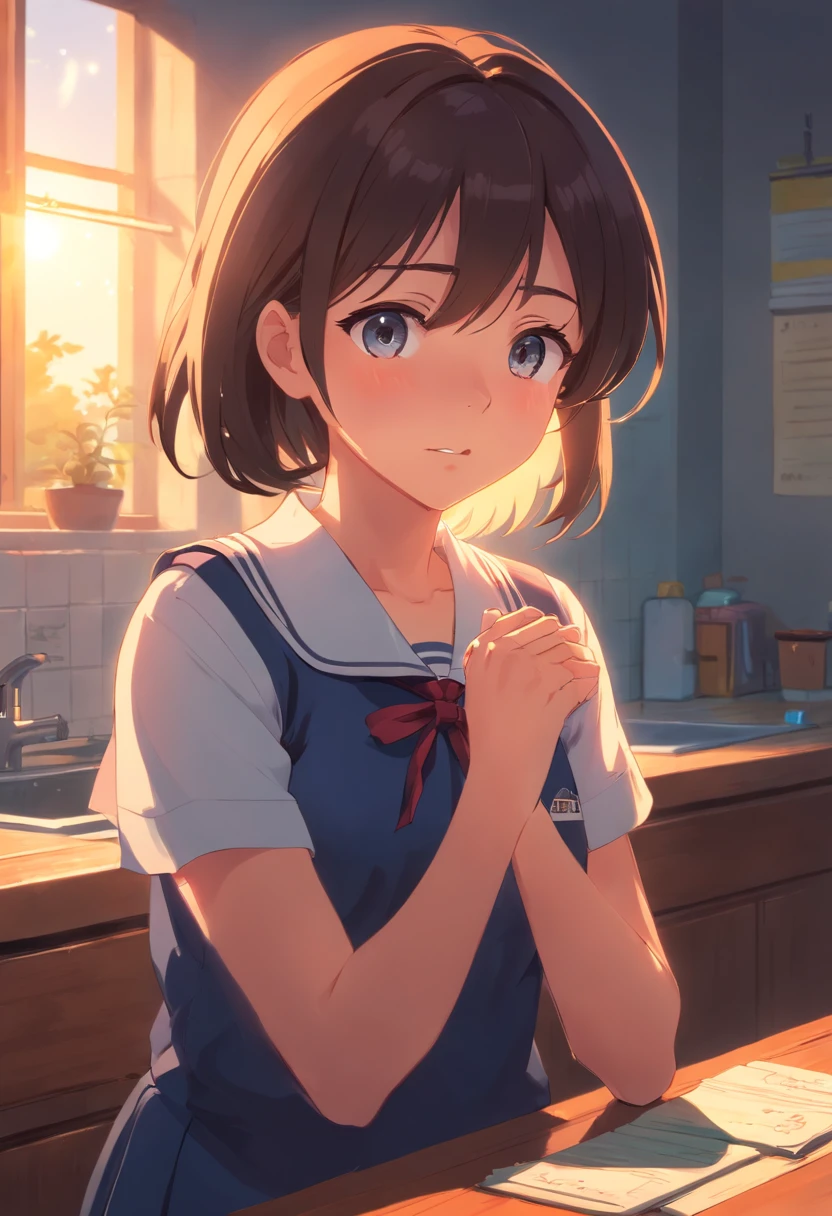 evening glow　Mare　the setting sun　sink　girl wearing school uniform　Crying face　cute little　A dark-haired