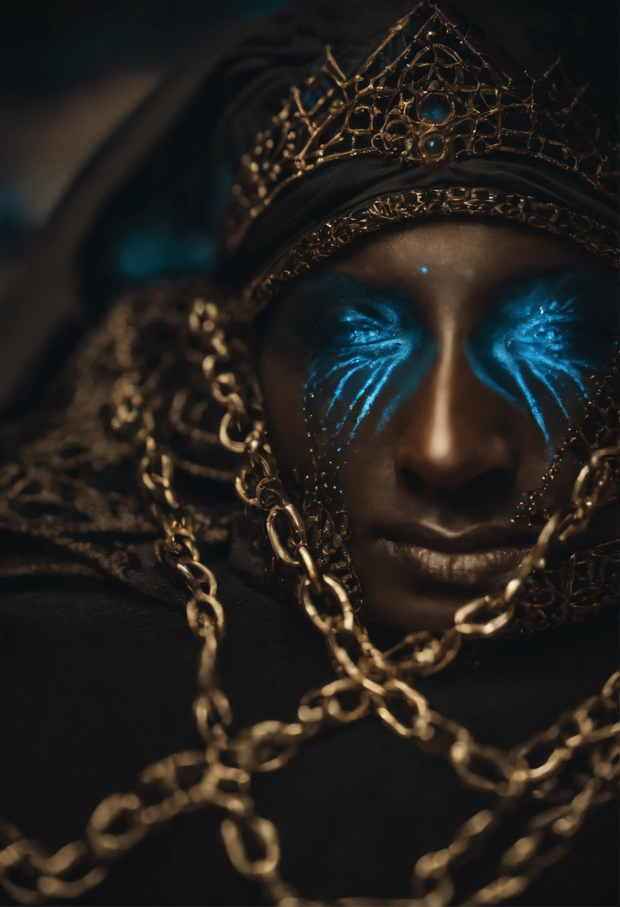 Lobisomen negro, tempestade, raios azuis, chains on the neck, dentes afiados, deus, olhos claros brilhantes, Biomechanicals, estranho, assustador, Pesadelo, cores muito brilhantes, light particles, com luz brilhante, Mshiff, Arte do papel de parede, Papel de parede UHD