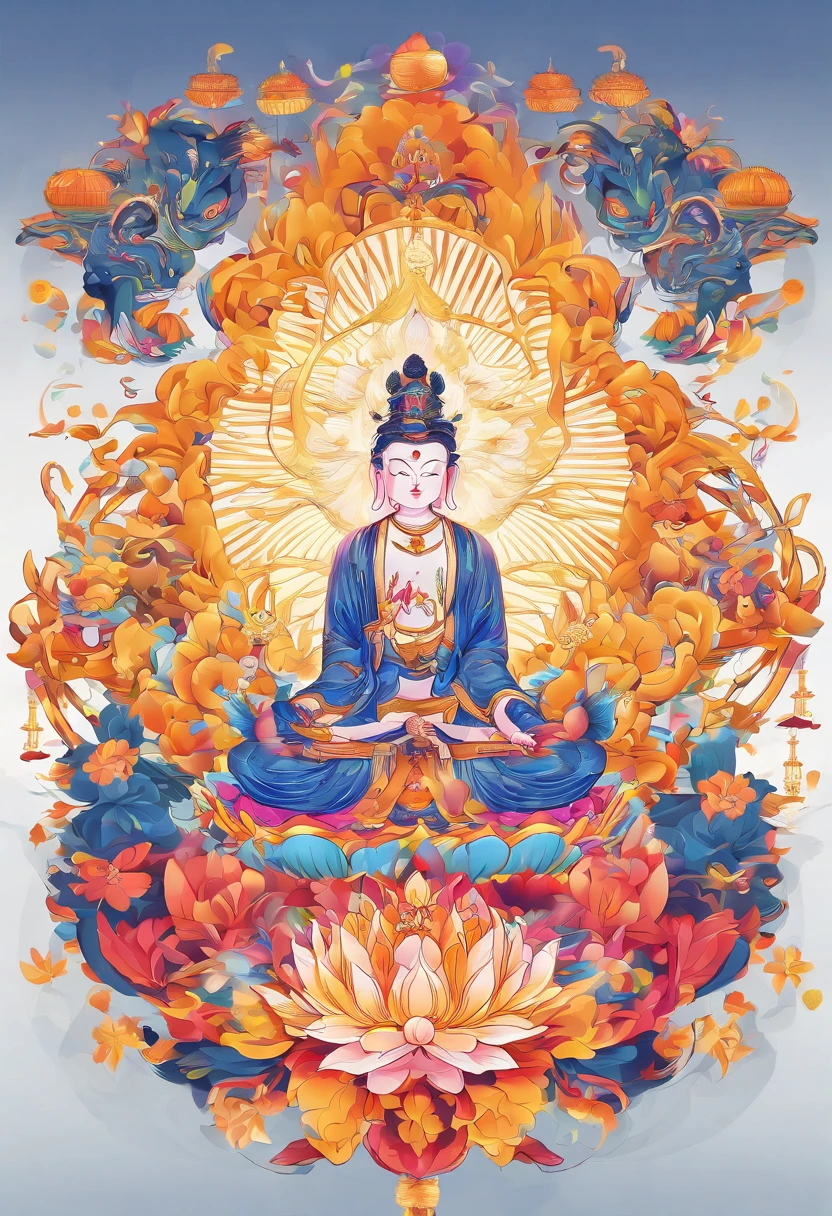 (Chinese immortals), (Buddhism), Multip_Hands,(mythological stories), (bodhisattva), She sits on a lotus, (Three hands on the left,Three hands on the right, Each hand holds a different Buddhist vessel, left right symmetry),(Delicate and beautiful face), (White silk robe)sitting on a lotus flower, Frontal photo,Light smile, neo-classical, OP Art, Chiaroscuro, Cinematic lighting, god light, Ray tracing, character sheets, projected inset, first person perspective, hyper HD, Masterpiece, ccurate, Textured skin, Super detail, High details, High quality, Award-Awarded, Best quality, A high resolution, 8K
