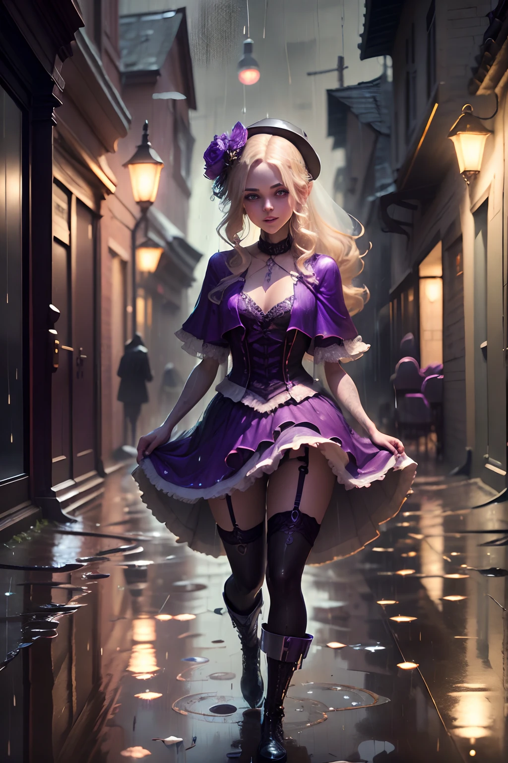 3d, hyper-realistic, sculpture of a Preteen fairy goth Mila Kunis sitting on the floor in an alley, pale skin, long blonde hair, looking messy, dripping makup with a bottle of wine in hand, wearing purple punk boots, (wedding dress garter:1.2), athletic and fit body, thin, flirty, looking happy challenging, looking at the camera, night, city lights (rain, puddles:1.5), realistic, HDR, UHD, dynamic, portrait shot,