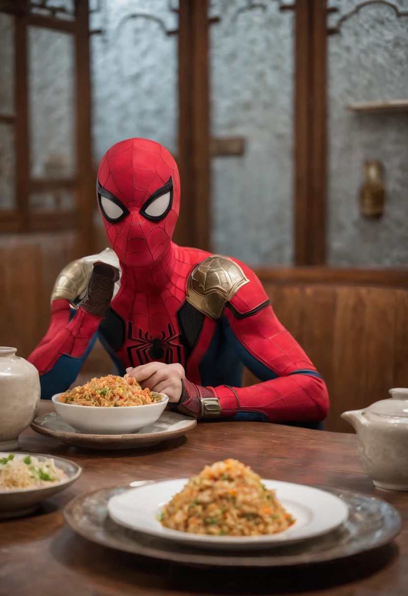 Cinematographer, ultra realista, Ropa detallada, Bellamente detallado, UHD, HDR, Altas Resoluciones, ultra detallado, Detalles intrincados, Efectos texturales, absurdos, obra maestra, 8k:1.2. En esta imagen, vemos a Spider-Man en un inusual descanso de sus actividades heroicas. He's standing in a chic Asian restaurant in his iconic costume........................ Spider-Man holds a bowl of Chinese fried rice mixed with oriental stir-fried noodles in his hands skillfully.., usando unos elegantes palillos chinos para llevar un bocado a su boca. The plate is full of fried rice, salteado. The restaurant is decorated with traditional Chinese elements, como linternas rojas colgando del techo y dragones dorados esculpidos en las paredes. The dim light of the lanterns creates a warm and welcoming atmosphere in the place.