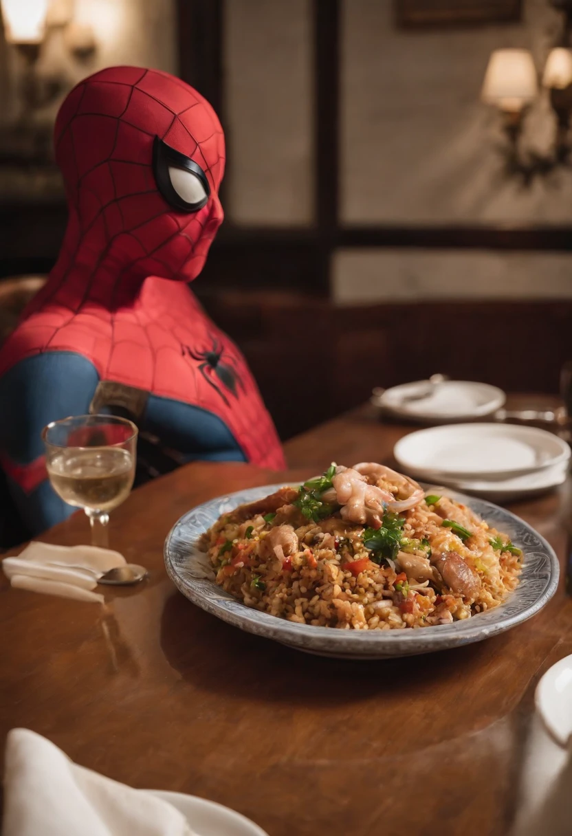 Cinematographer, ultra realista, Ropa detallada, Bellamente detallado, UHD, HDR, Altas Resoluciones, ultra detallado, Detalles intrincados, Efectos texturales, absurdos, obra maestra, 8k:1.2. En esta imagen, vemos a Spider-Man en un inusual descanso de sus actividades heroicas. He's standing in a chic Asian restaurant in his iconic costume........................ Spider-Man holds a bowl of Chinese fried rice mixed with oriental stir-fried noodles in his hands skillfully.., usando unos elegantes palillos chinos para llevar un bocado a su boca. The plate is full of fried rice, salteado. The restaurant is decorated with traditional Chinese elements, como linternas rojas colgando del techo y dragones dorados esculpidos en las paredes. The dim light of the lanterns creates a warm and welcoming atmosphere in the place.