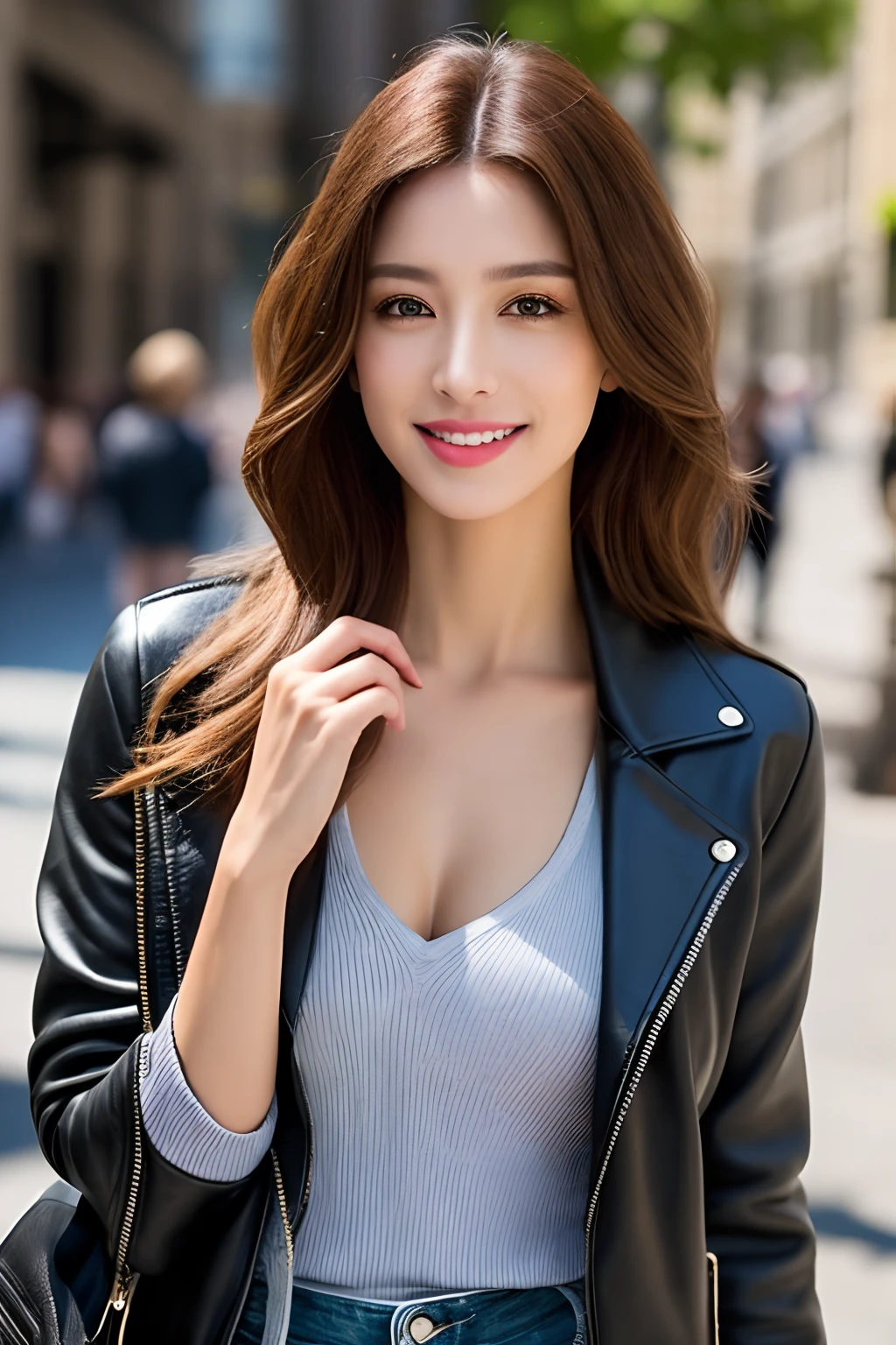 This stunning photograph captures the essence of a professional model shoot, featuring an elegant woman donning a leather jacket and full body, with no top underneath and the jacket open. The girl is looking directly at the viewer with a smile and open mouth and full body,The setting takes place in the city on a sunny summer day, with a backdrop that adds depth to the shot. The sharp focus of the photograph, along with the 8k high definition resolution, creates an insanely detailed and intricate image that showcases the beauty and elegance of the model. The woman is wearing a too-short top that is tight-fitting, paired with skinny jeans and winged eyeliner, adding to the overall allure of the shot. The hyper-realistic and ultra-detailed nature of the photograph creates a sense of depth and texture, drawing the viewer in and making them feel as though they are right there with the model. This stunning work of art is a testament to the skill and creativity of the photographer, and is sure to captivate and inspire all who view it.