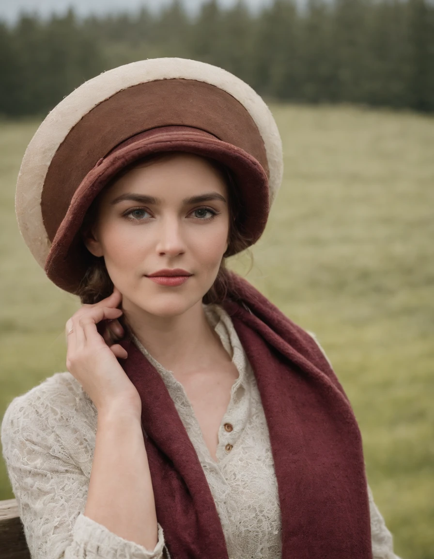 woman in a prairie hat and a scarf leaning on a fence, in the style of calm and meditative, whistlerian, eco-friendly craftsmanship, alex hirsch, strong emotional impact, i can't believe how beautiful this is, pastoral,close up shot