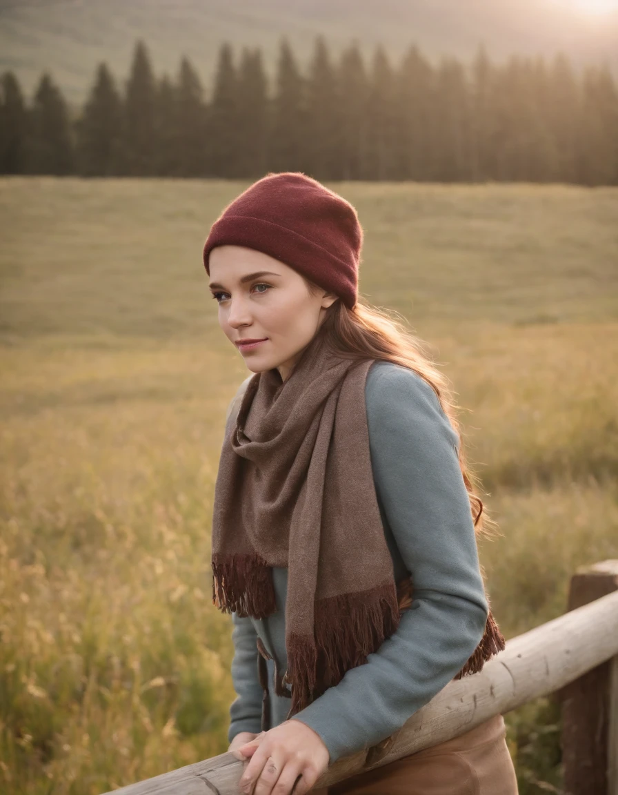 woman in a prairie hat and a scarf leaning on a fence, in the style of calm and meditative, whistlerian, eco-friendly craftsmanship, alex hirsch, strong emotional impact, i can't believe how beautiful this is, pastoral,close up shot