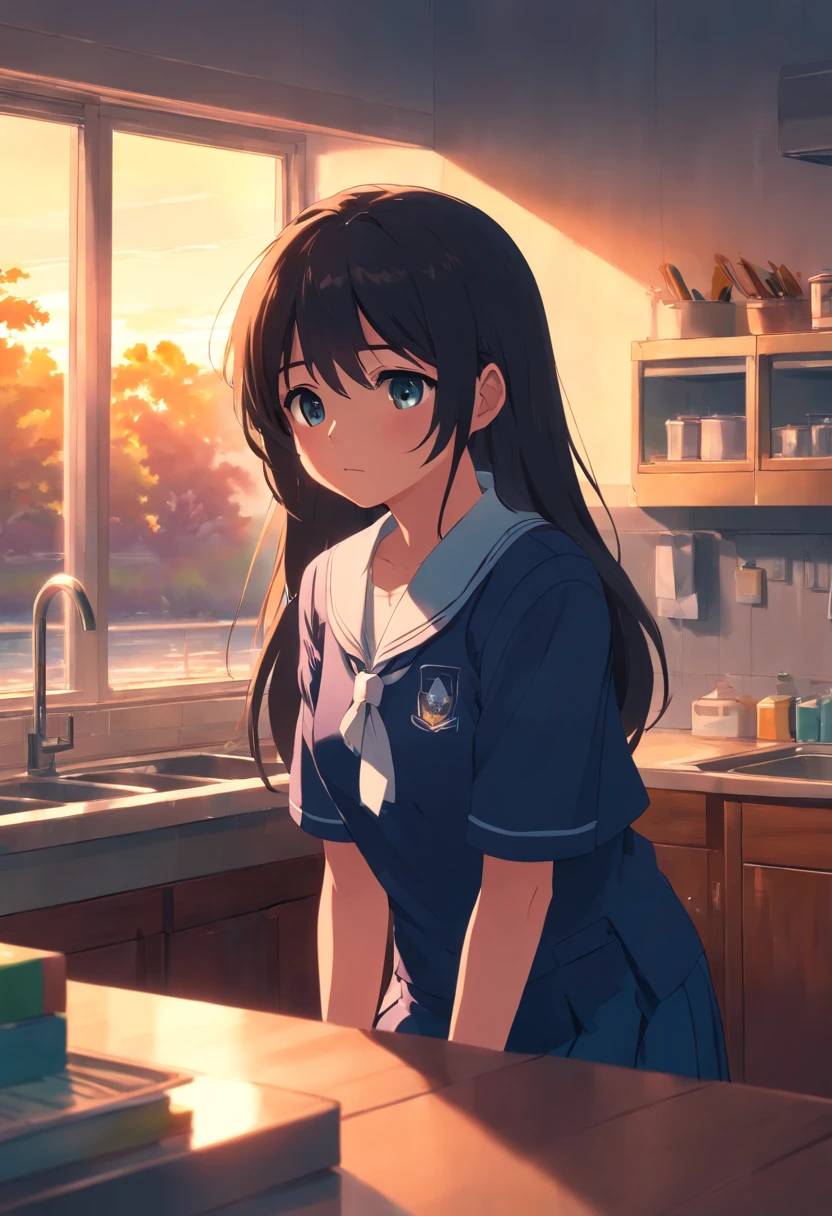 evening glow Mare the setting sun sink girl wearing school uniform Crying face cute little A dark-haired Tears fall mournful