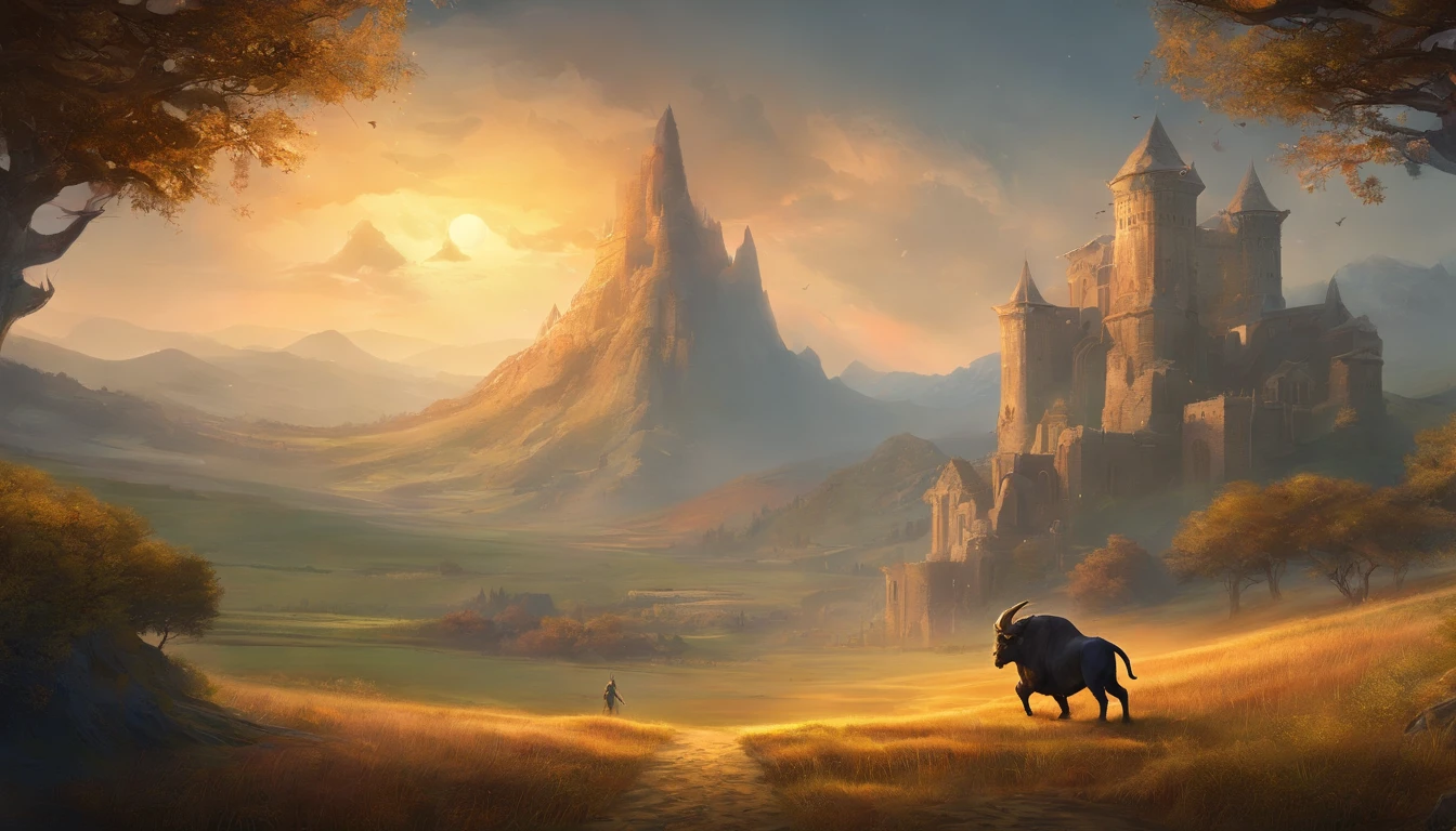 There is a ruins in the distance,A large group of pitch black(Minotaur monster:1.5)The enemy stands on a wheat field,5 minotaurs with golden tomahawks,Terrifying,Sense of oppression,Medieval landscape,Fantastical,4K,best qualtiy,primitive,((Ultra-detailed and high-precision details)),Power Hero & Magic 3,Fantastical,The background is the plain,path,grass field,the trees,wheat field,snow mountains,The scene is impressive,