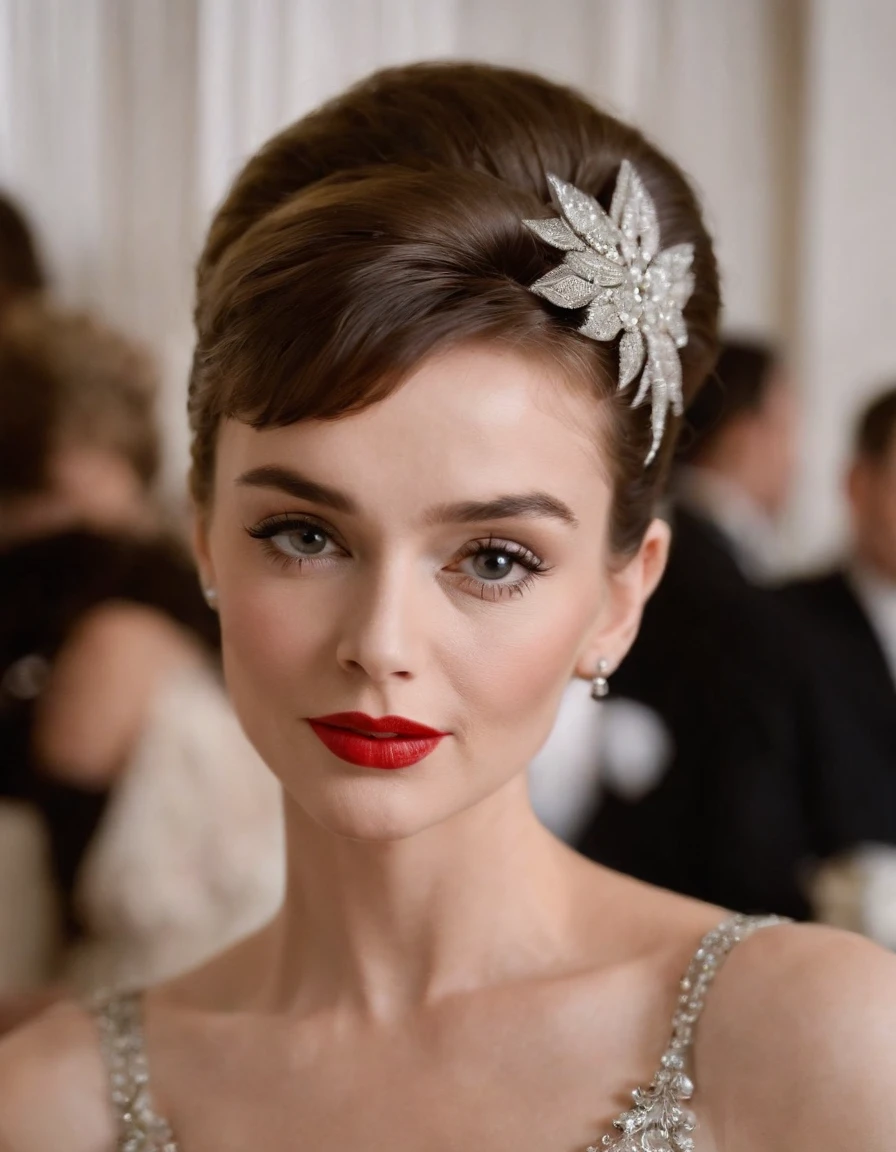 mulher loira parecida com a AUDREY HEPBURN e a marilyn monroe ultra realista Bijoux de Charme,close up shot