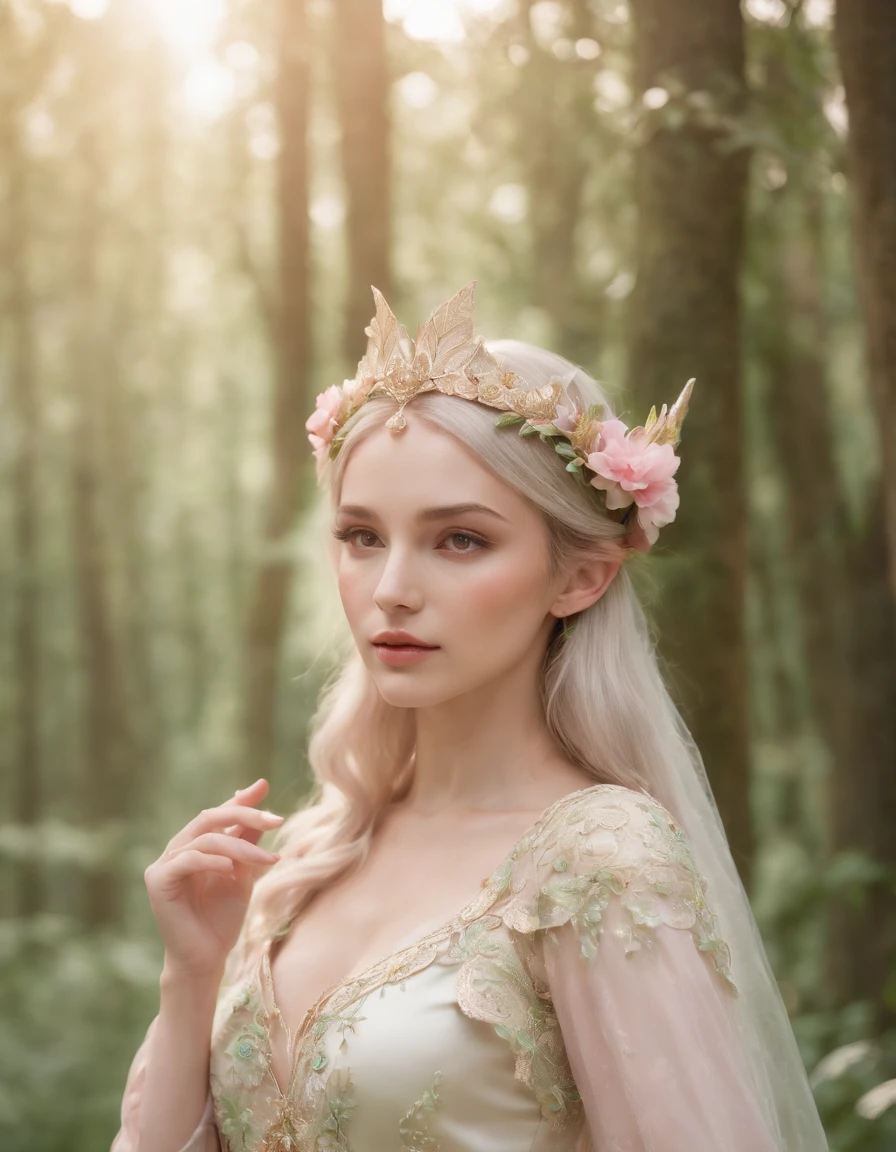 An elf princess in the forest, pointy ears, in the style of light pink and light green, anime aesthetic, detailed costumes, i can't believe how beautiful this is, photo-realistic techniques, birds & flowers, light gold and green,close up shot