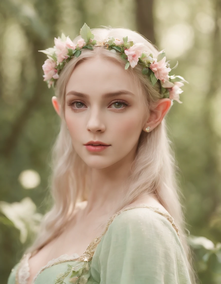 An elf princess in the forest, pointy ears, in the style of light pink and light green, anime aesthetic, detailed costumes, i can't believe how beautiful this is, photo-realistic techniques, birds & flowers, light gold and green,close up shot