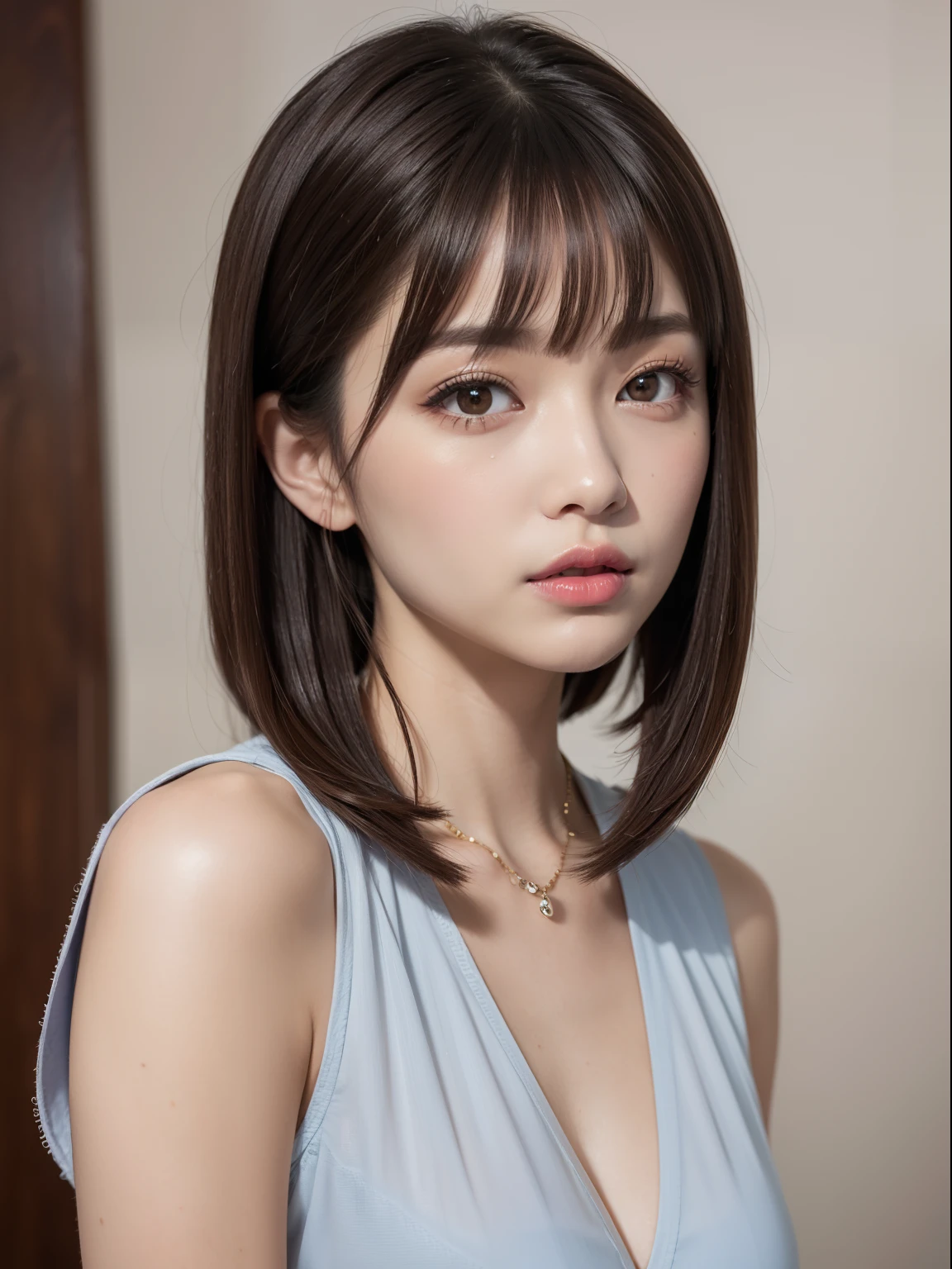 in 8K、top-quality、​masterpiece、ultra-detailliert、Ultra-high resolution、1 girl in、Medium chest、with round face、dark brown hair、Hair luster、Tear bag、二重まぶた、long eyelashes、drooing eyes、makeup、Blue Eyeshadow、Pink lips、poneyTail、red blush、Upper body photo