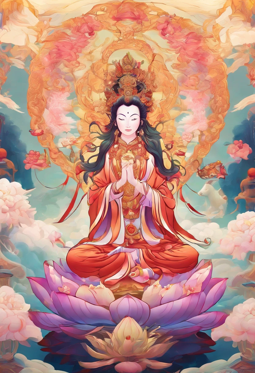 (Chinese immortals), (Buddhism), Multip_Hands,(mythological stories), (bodhisattva), She sits on a lotus, (Three hands on the left,Three hands on the right, Each hand holds a different Buddhist vessel, left right symmetry),(Delicate and beautiful face), (White silk robe)sitting on a lotus flower, Frontal photo,Light smile, neo-classical, OP Art, Chiaroscuro, Cinematic lighting, god light, Ray tracing, character sheets, projected inset, first person perspective, hyper HD, Masterpiece, ccurate, Textured skin, Super detail, High details, High quality, Award-Awarded, Best quality, A high resolution, 8K