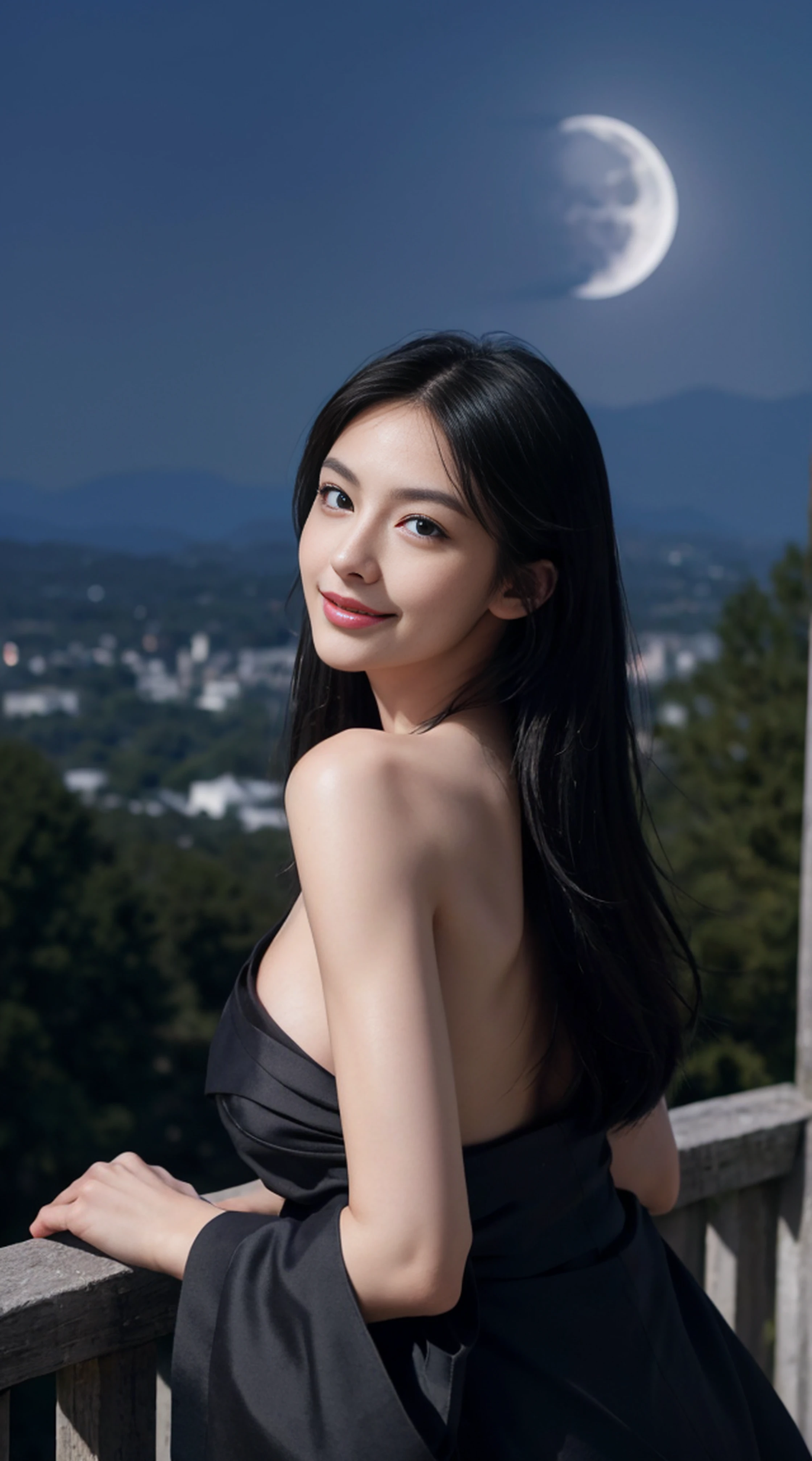 8K, Top Quality, Intricate Details, Ultra Detail, Ultra High Resolution, Masterpiece, random angle, Slender, Smile, (Makeup: 0.4), (Fluffy Blue Eyes: 1.21), blue Eyes, looking back, ((full body)), 1girl, solo, 1 girl, (( full body)), close up shot, , ((tall)), (((fit body))), (((slim face))), sharp face, sharp eyes, (((black hair, long hair, )) (detailed face), sharp face, small lips,
((Kimono)), detailed face, detailed breast, , large breast, detail ass, round ass , Beautiful girl with accentuated slender abs: 1.4, Six Pack Abs: 1.4, Bust Botox, Big, Perfect Body, detail leg, (( moonlight)), top of mountain