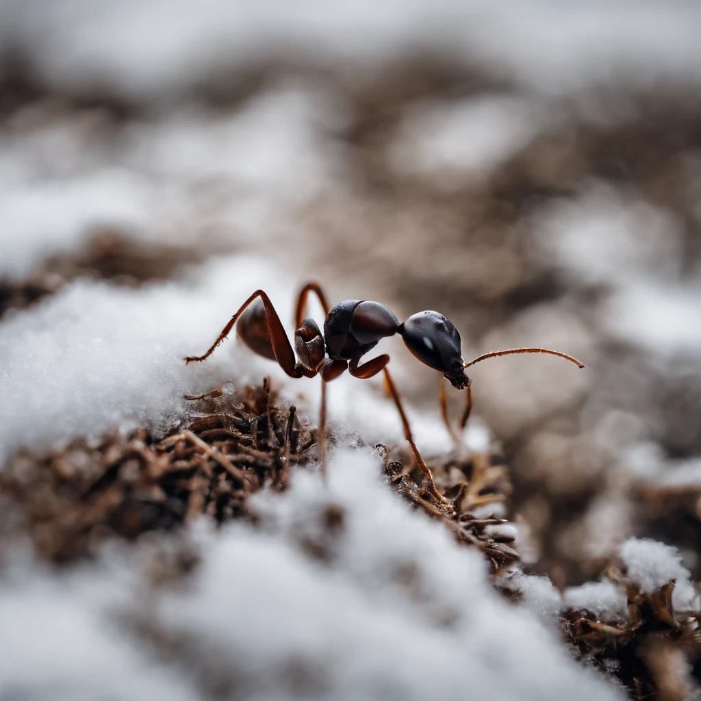 an ant on the snowy land