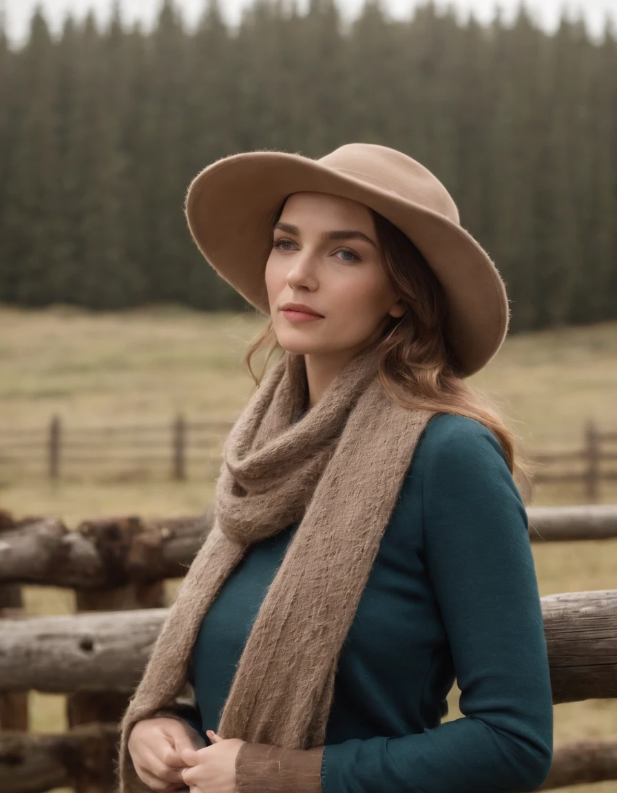 woman in a prairie hat and a scarf leaning on a fence, in the style of calm and meditative, whistlerian, eco-friendly craftsmanship, alex hirsch, strong emotional impact, i can't believe how beautiful this is, pastoral,medium full shot