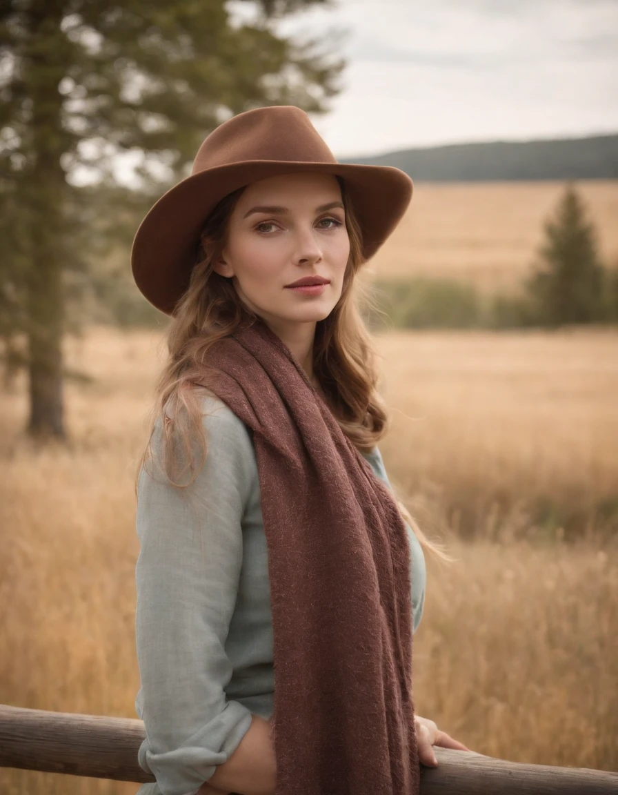 woman in a prairie hat and a scarf leaning on a fence, in the style of calm and meditative, whistlerian, eco-friendly craftsmanship, alex hirsch, strong emotional impact, i can't believe how beautiful this is, pastoral，medium full shot