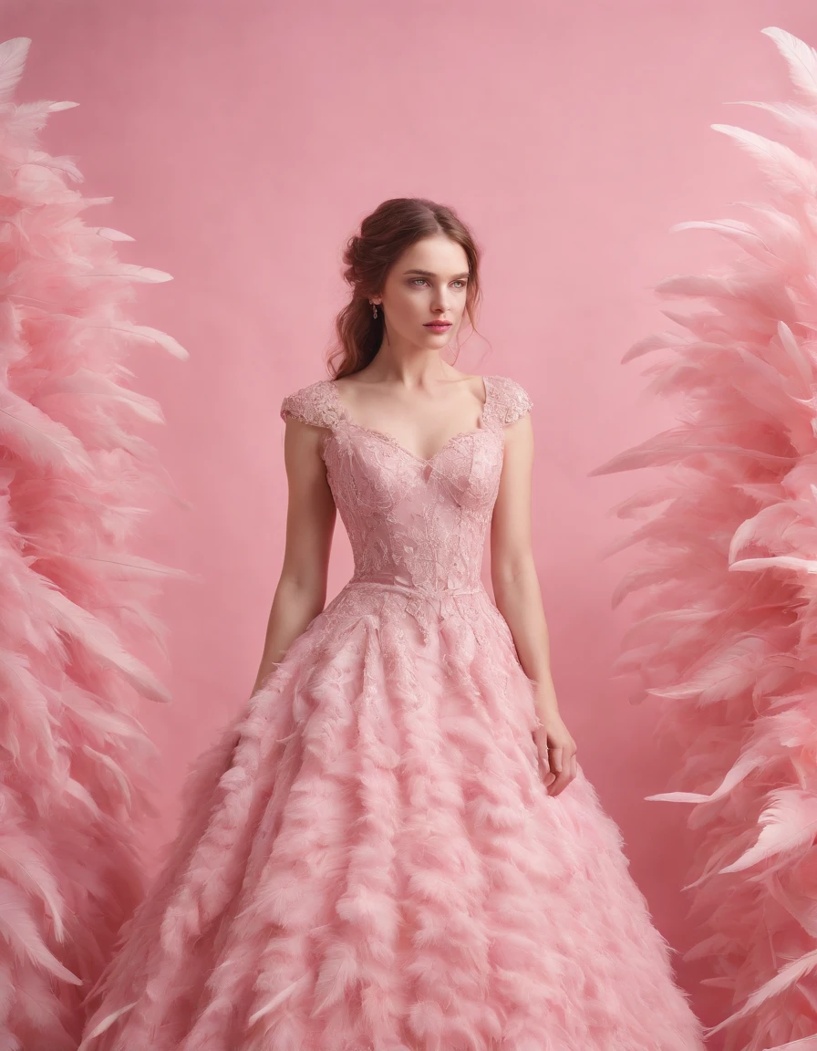 Beautiful girl in pink dress on pink background, style made of feathers, futuristic victorian era, collage style layering, focus stacking, layered form, textured fabric, oversized object, forest leaves, time magazine photography