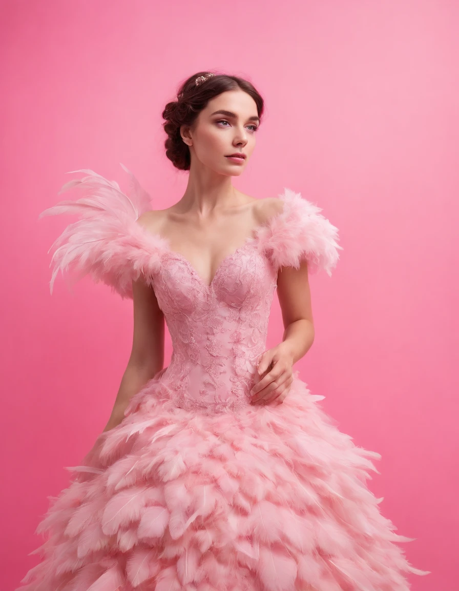 Beautiful girl in pink dress on pink background, style made of feathers, futuristic victorian era, collage style layering, focus stacking, layered form, textured fabric, oversized object, forest leaves, time magazine photography