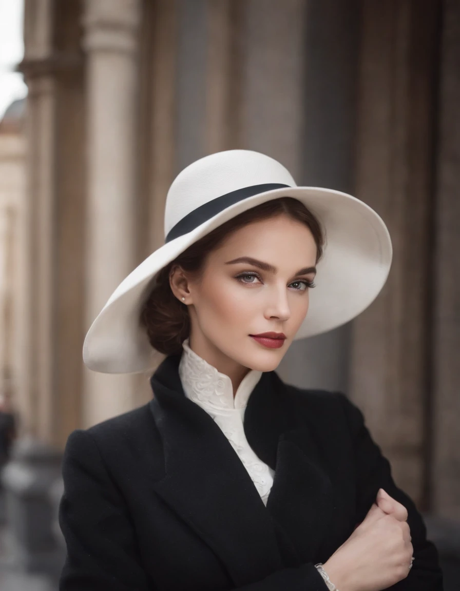 a model wears a black coat and a white hat,beautiful face, in the style of 32k uhd, rococo elegance, vintage-inspired designs, bold curves, ferrania p30, limited color range, magazine cover，medium full shot