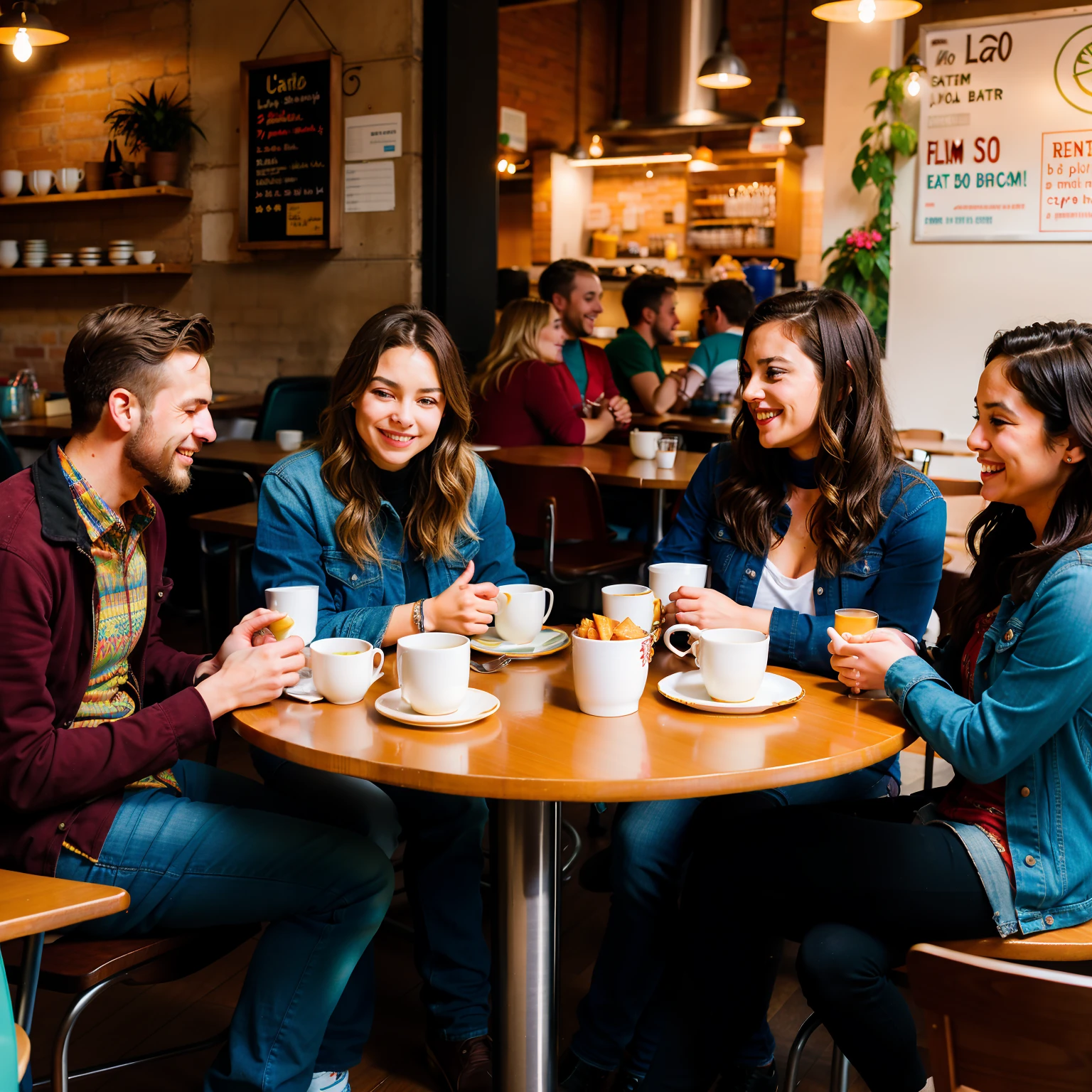 Three women and two men sitting at a table with cafeteria cups, Enjoy the cafeteria in a café, Grupo sentarse a la mesa, in a café, Sentado en una mesa de color moca, sitting in a café, Personas sentadas en mesas, in a bright cafe,sobre un fondo oscuro, café, pasar un buen rato, Warm and cheerful atmosphere
