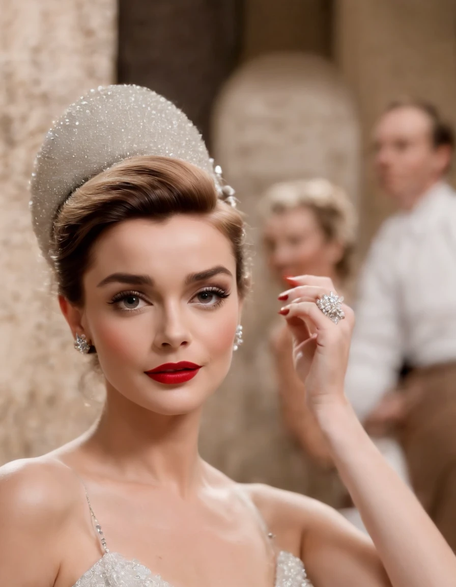 mulher loira parecida com a AUDREY HEPBURN e a marilyn monroe ultra realista Bijoux de Charme,medium full shot