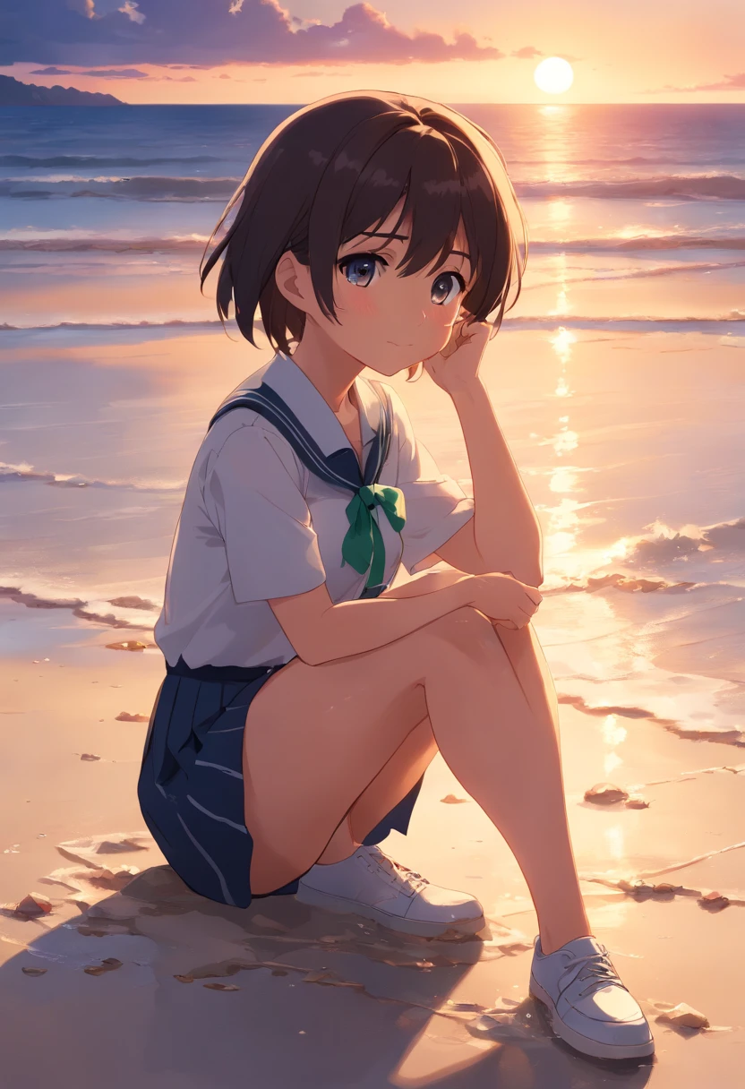 evening glow　Mare　the setting sun　sink　girl wearing school uniform　Crying face　cute little　A dark-haired　sand beach　Crying and laughing　Have shoes