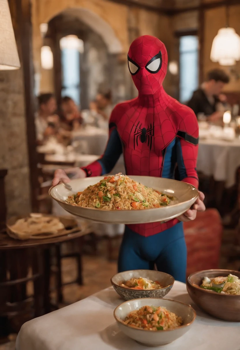 Cinematographer, ultra realista, Ropa detallada, Bellamente detallado, UHD, HDR, Altas Resoluciones, ultra detallado, Detalles intrincados, Efectos texturales, absurdos, obra maestra, 8k:1.2. En esta imagen, vemos a Spider-Man en un inusual descanso de sus actividades heroicas. He's standing in a chic Asian restaurant in his iconic costume.......................... Spider-Man holds a bowl of Chinese fried rice mixed with oriental stir-fried noodles in his hands skillfully.., usando unos elegantes palillos chinos para llevar un bocado a su boca. The plate is full of fried rice, salteado. The restaurant is decorated with traditional Chinese elements, como linternas rojas colgando del techo y dragones dorados esculpidos en las paredes. The dim light of the lanterns creates a warm and welcoming atmosphere in the place.