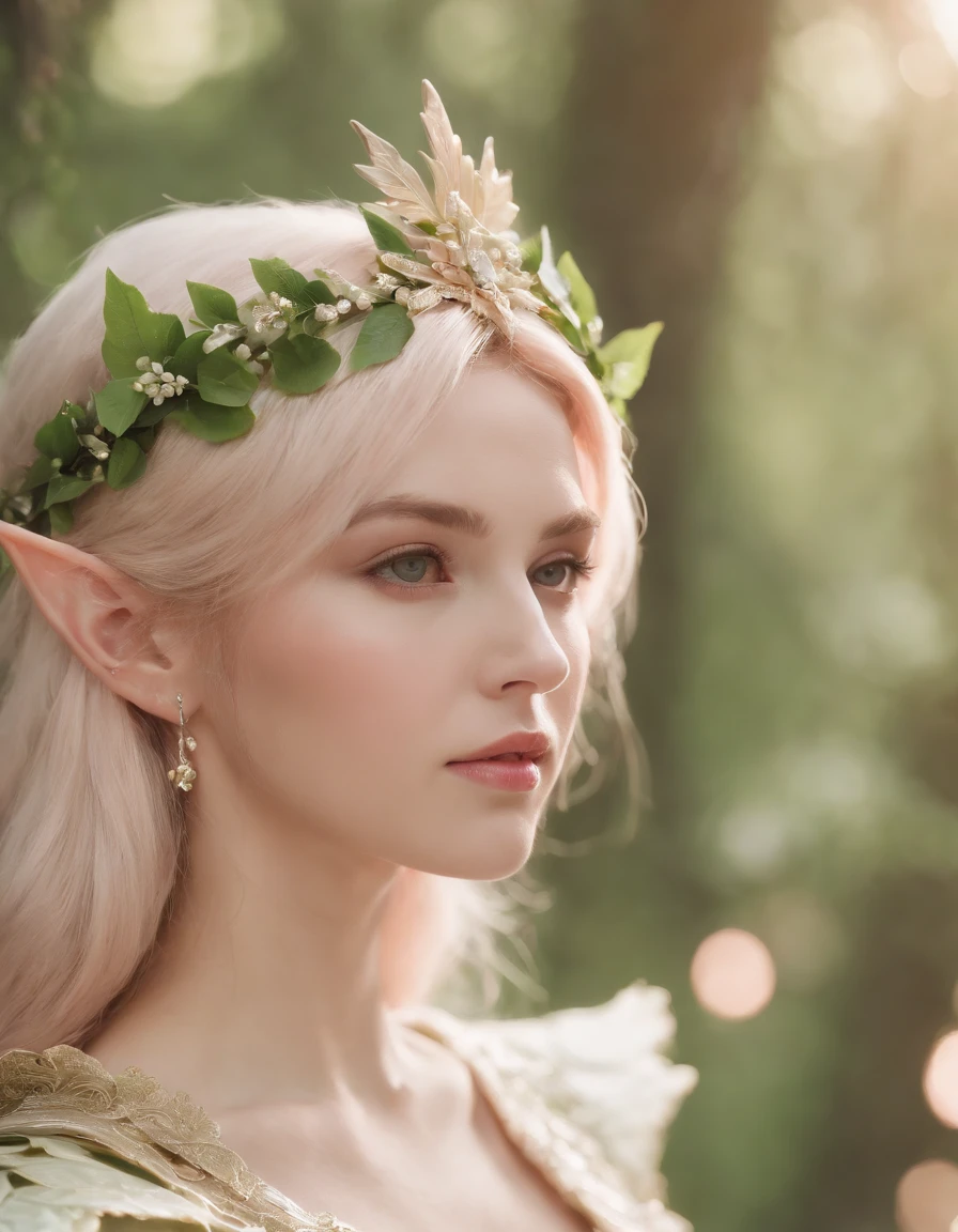 An elf princess in the forest, pointy ears, in the style of light pink and light green, anime aesthetic, detailed costumes, i can't believe how beautiful this is, photo-realistic techniques, birds & flowers, light gold and green,medium full shot
