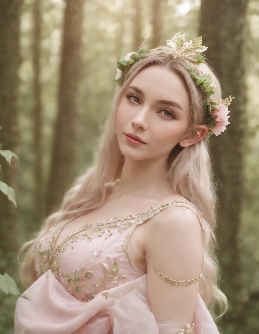An elf princess in the forest, pointy ears, in the style of light pink and light green, anime aesthetic, detailed costumes, i can't believe how beautiful this is, photo-realistic techniques, birds & flowers, light gold and green，medium full shot