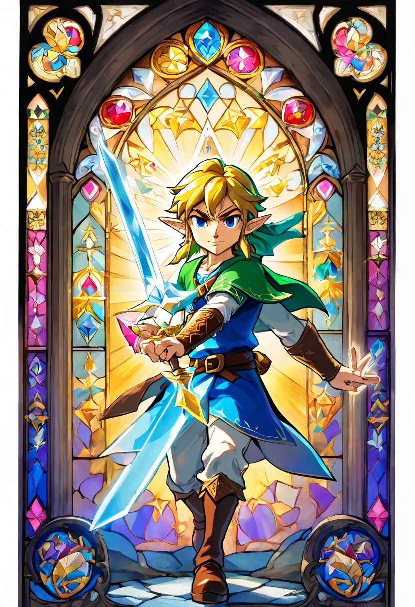 Hero of light, portrait shot, holding a shimmering sword into air, stained glass portrait, extremely detailed, absurdes