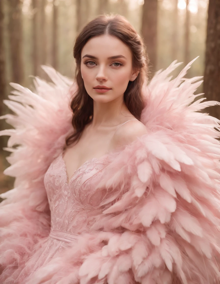 Beautiful girl in pink dress, pink background, style made of feathers, futuristic victorian era, collage style layered, focus stacking, layered form, textured fabric, oversized object, in the forest, time magazine photography, (upper body)