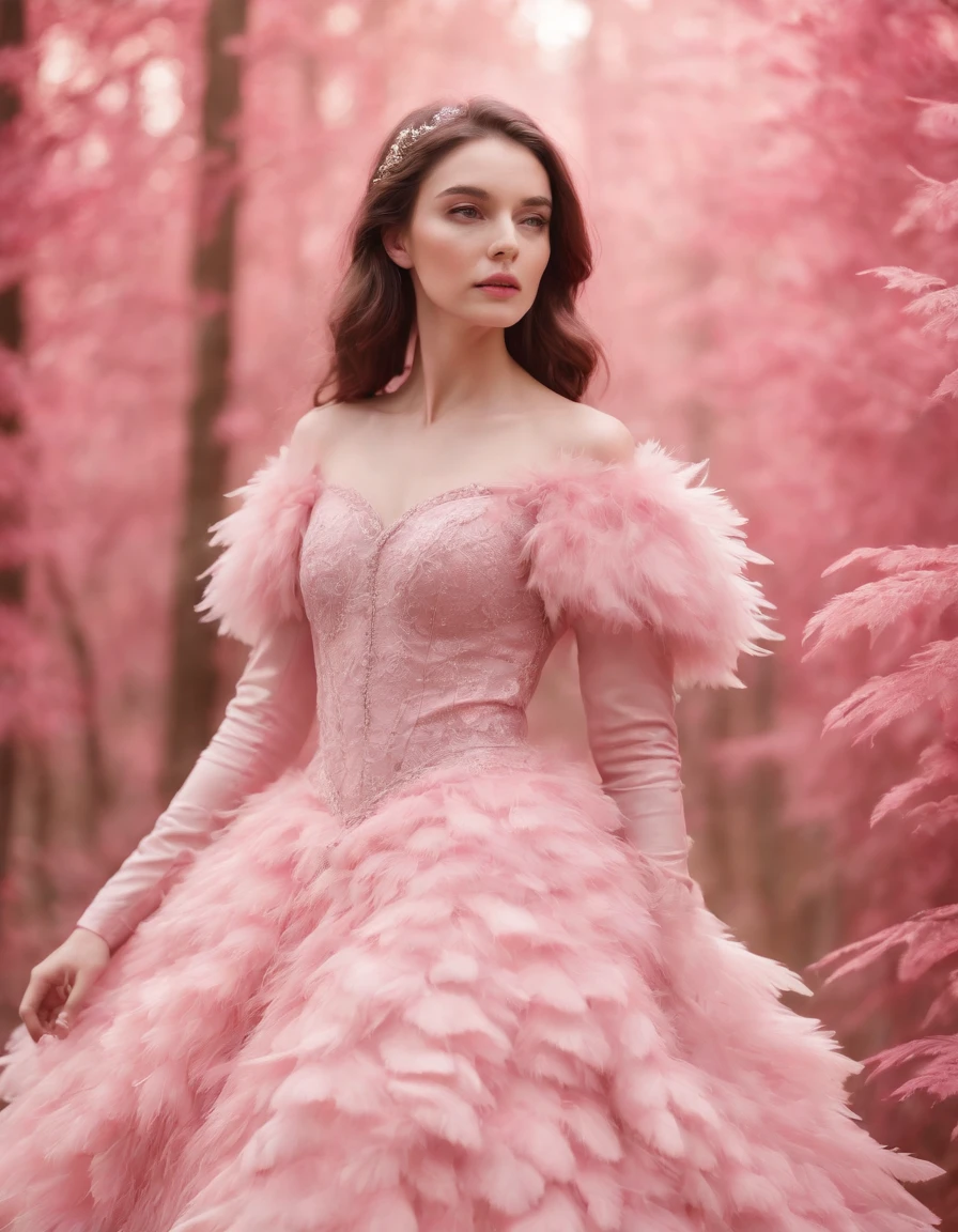 Beautiful girl in pink dress, pink background, style made of feathers, futuristic victorian era, collage style layered, focus stacking, layered form, textured fabric, oversized object, in the forest, time magazine photography, (upper body)