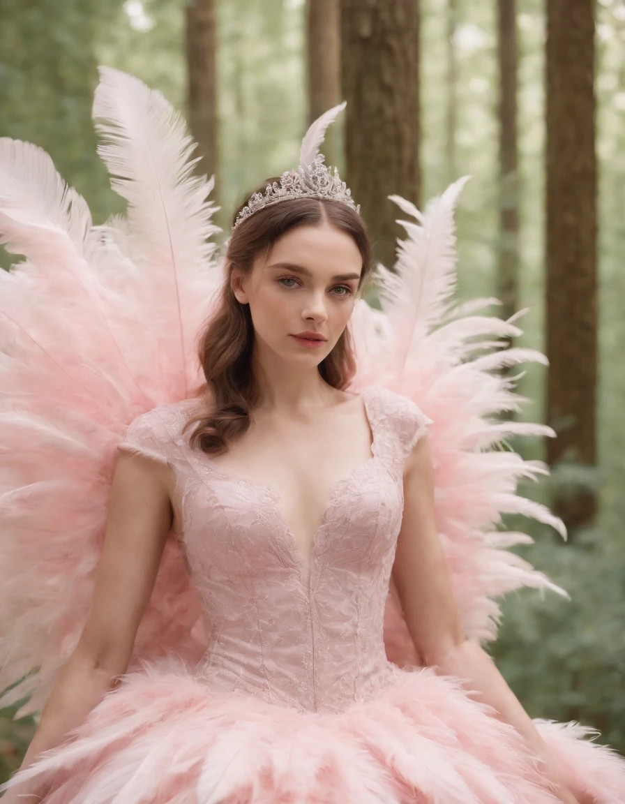 Beautiful girl in pink dress, pink background, style made of feathers, futuristic victorian era, collage style layered, focus stacking, layered form, textured fabric, oversized object, in the forest, time magazine photography, (upper body)